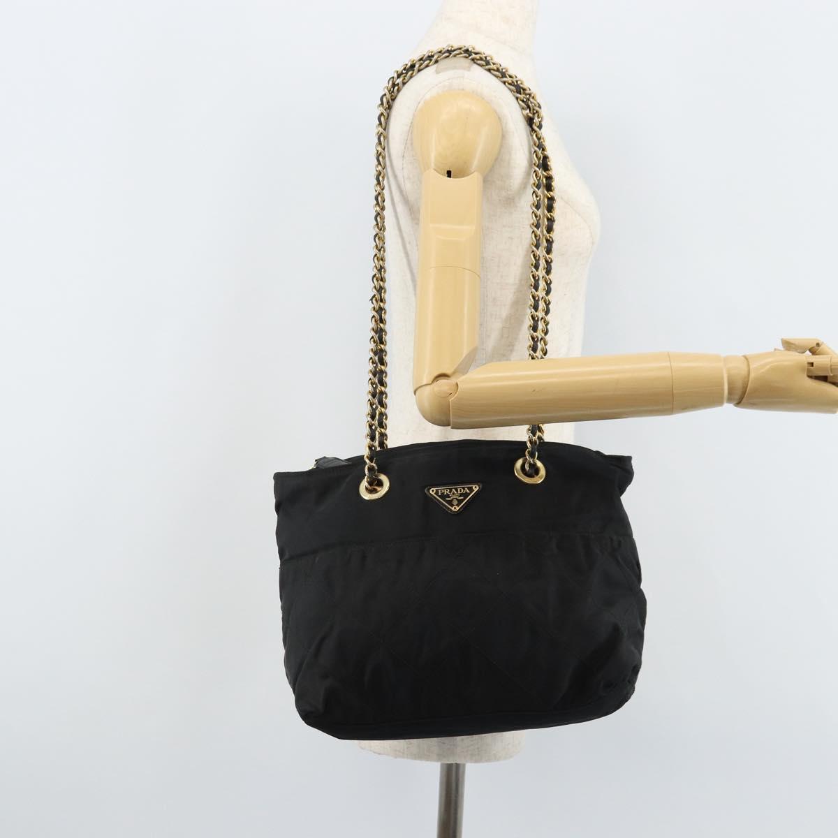 PRADA Chain Shoulder Bag Nylon Gold Black Auth bs34054