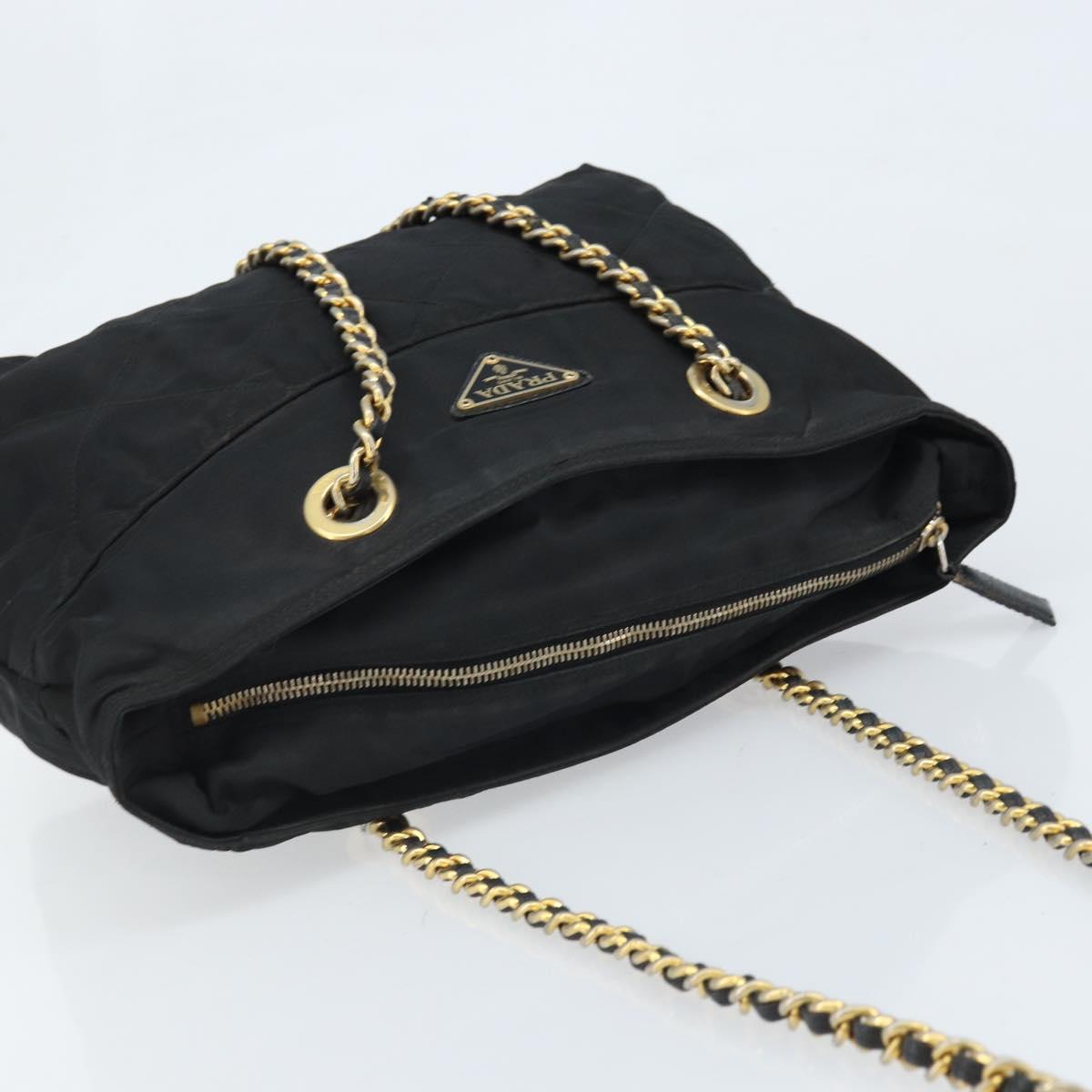 PRADA Chain Shoulder Bag Nylon Gold Black Auth bs34054