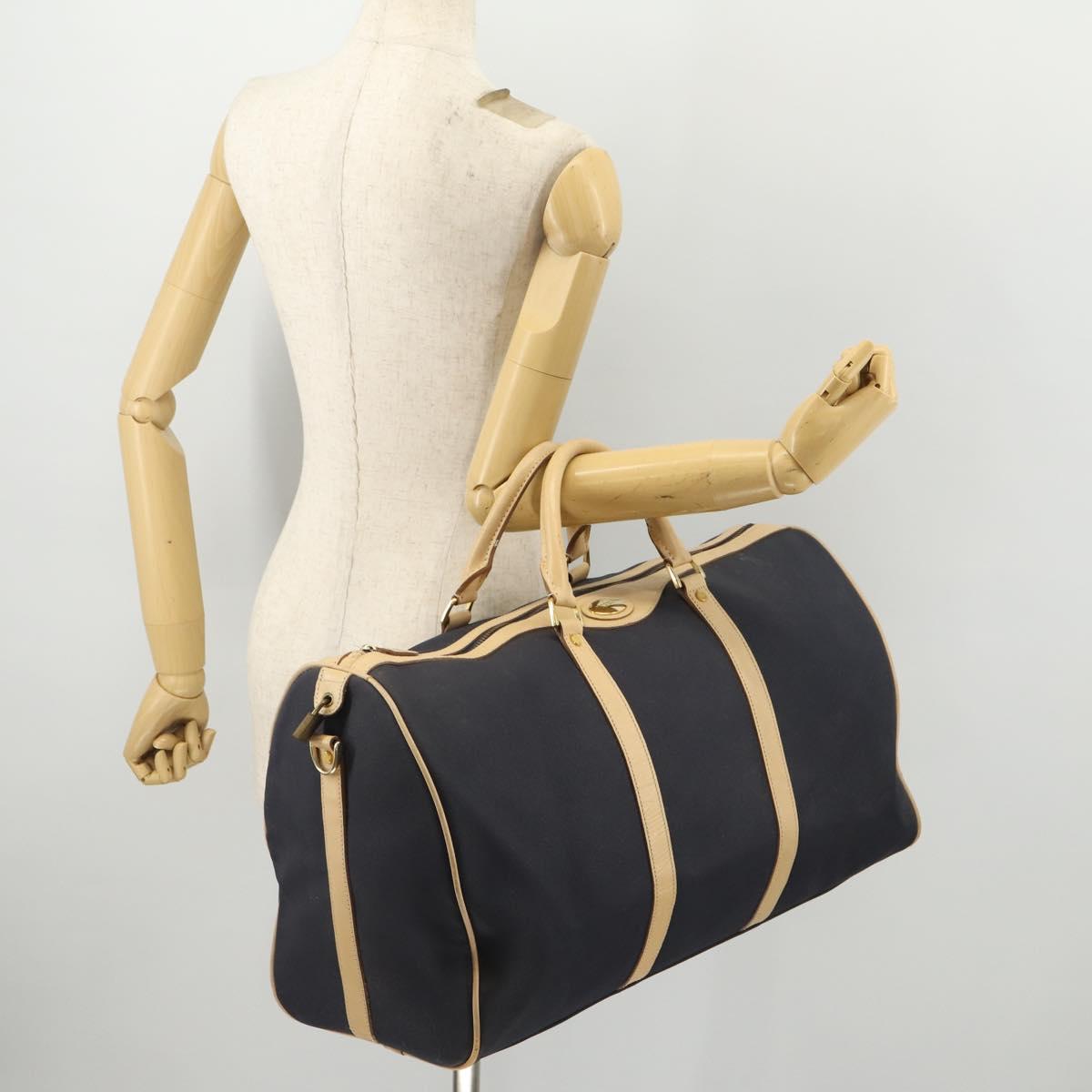 Christian Dior Boston Bag Coated Canvas Navy Gold Auth bs34091