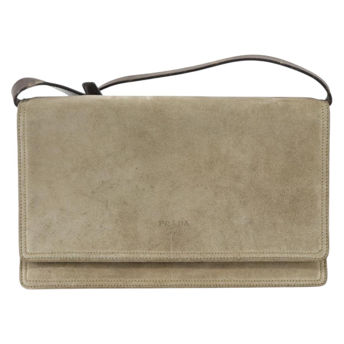 PRADA Shoulder Bag Suede Beige Silver Auth bs34098