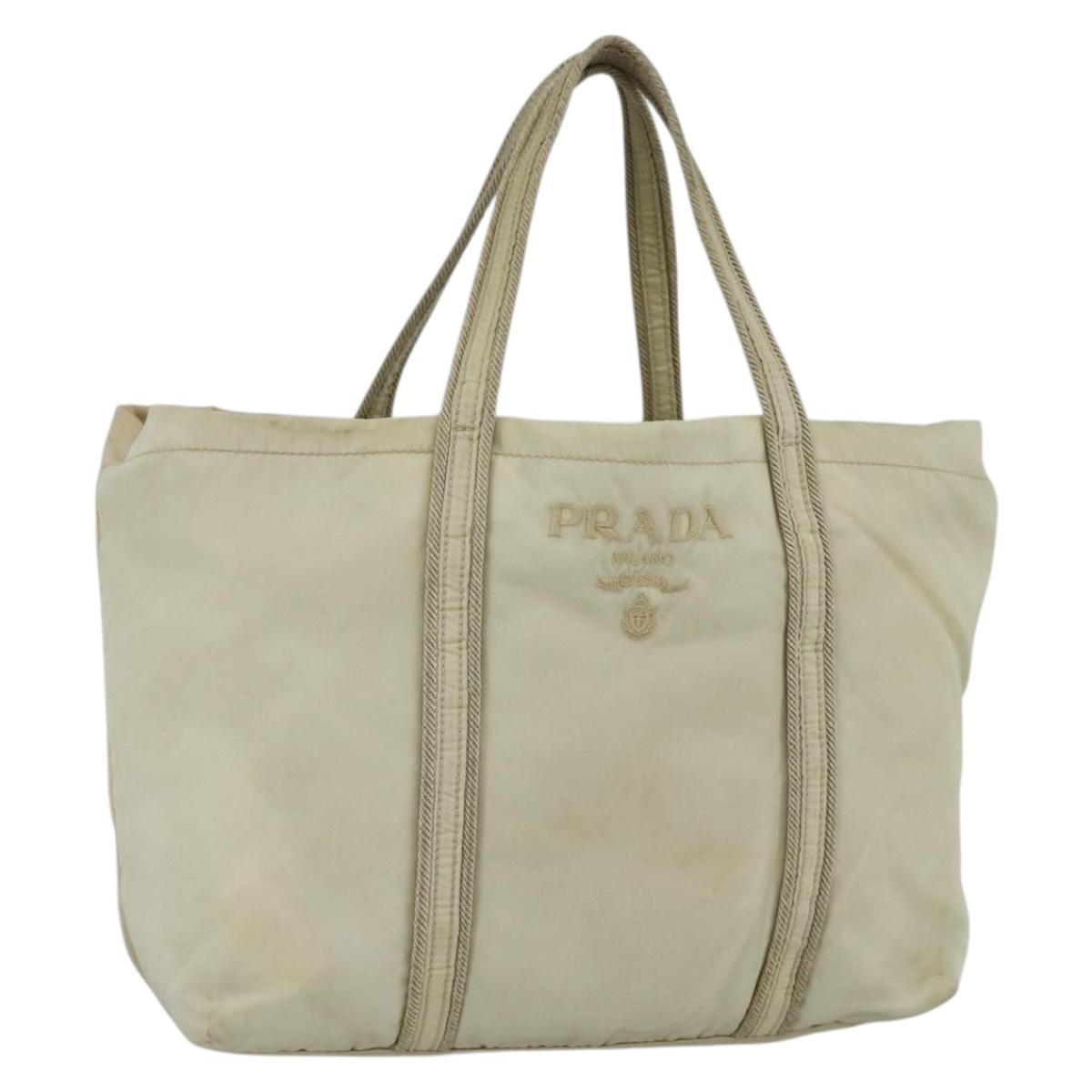 PRADA Hand Bag Nylon Beige Silver Auth bs34100