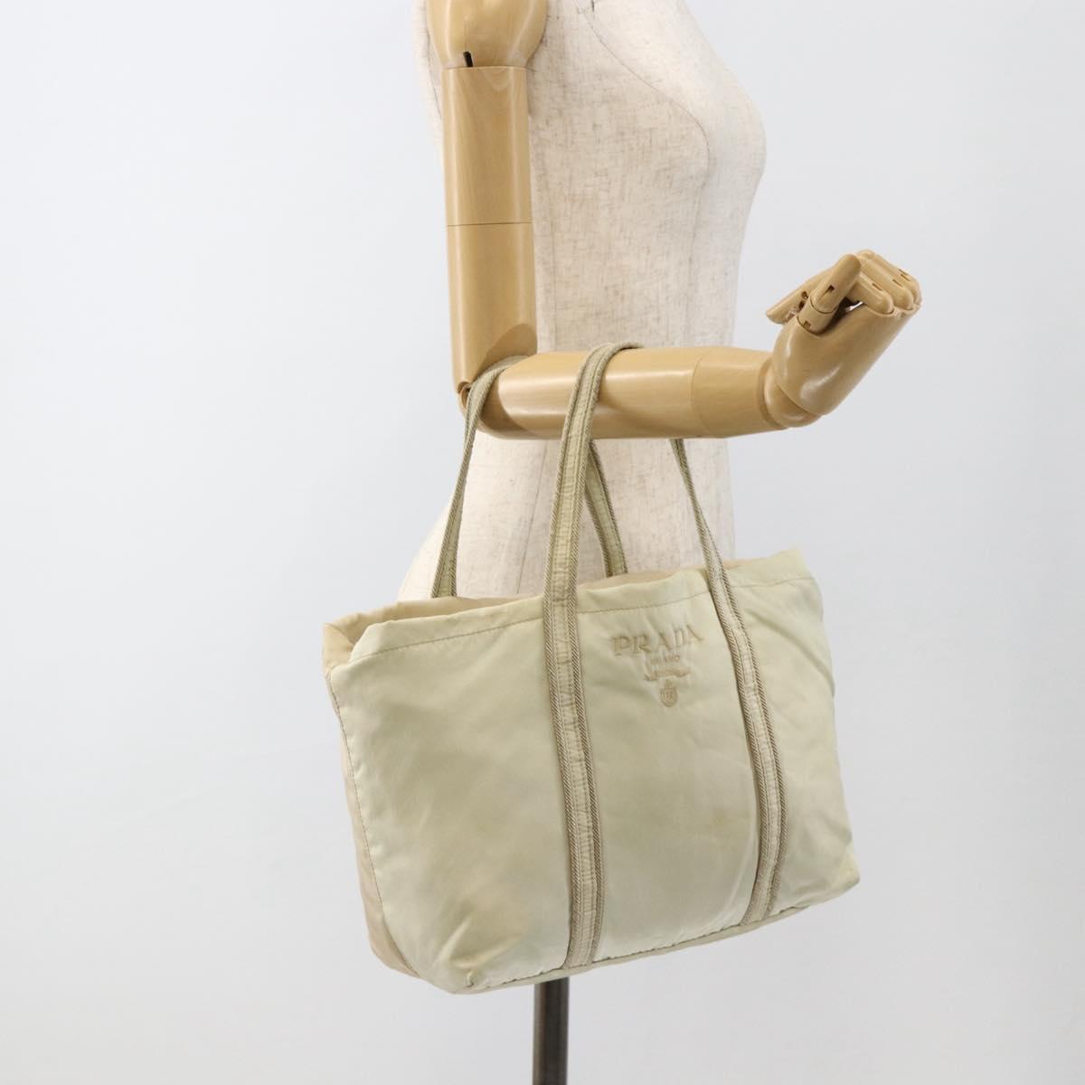 PRADA Hand Bag Nylon Beige Silver Auth bs34100