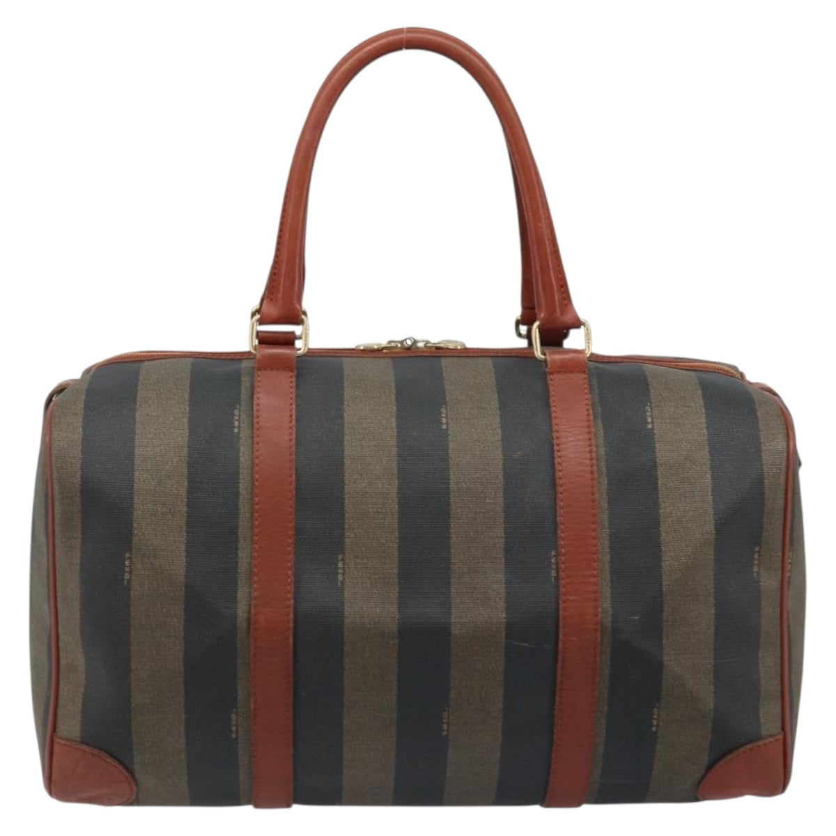 FENDI Pecan Canvas Boston Bag PVC Brown Black Auth bs34148