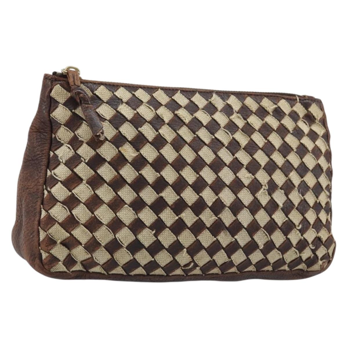 BOTTEGA VENETA INTRECCIATO Pouch Canvas Leather Brown Gold Auth bs34153