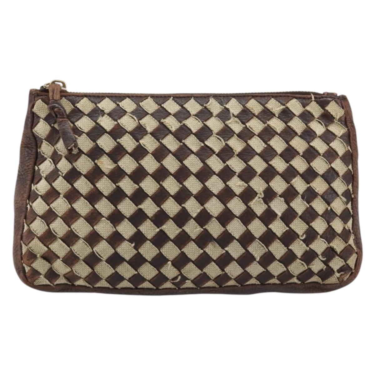 BOTTEGA VENETA INTRECCIATO Pouch Canvas Leather Brown Gold Auth bs34153
