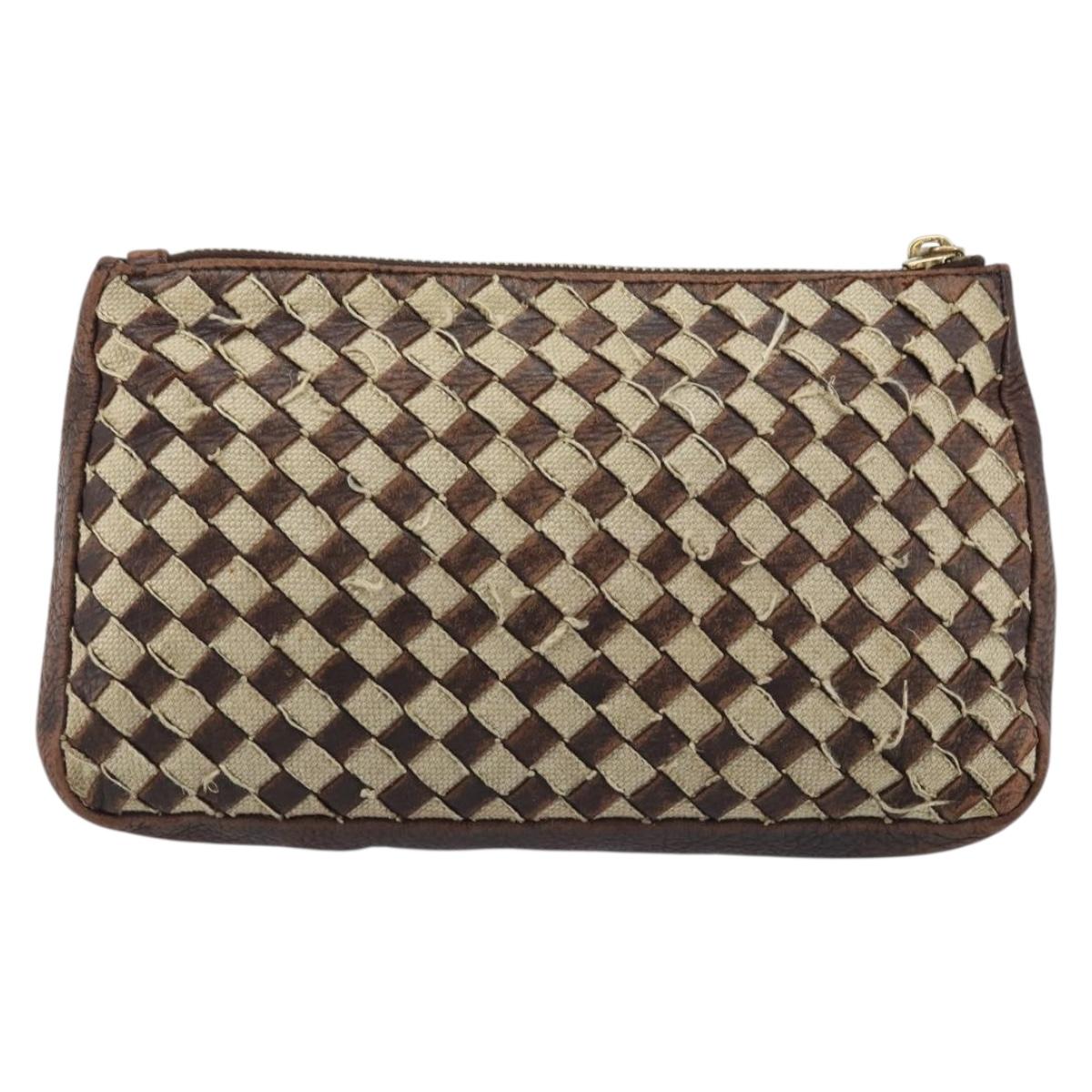 BOTTEGA VENETA INTRECCIATO Pouch Canvas Leather Brown Gold Auth bs34153