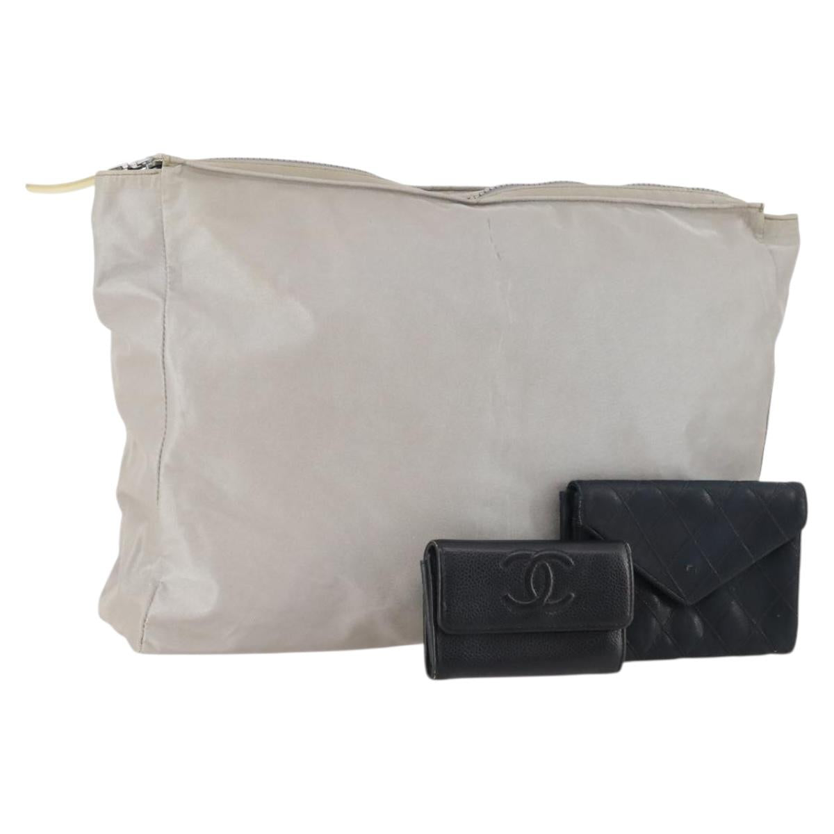 CHANEL Matelasse Wallet Caviar Skin Nylon 3 Set Black Gray Navy CC Auth bs34162