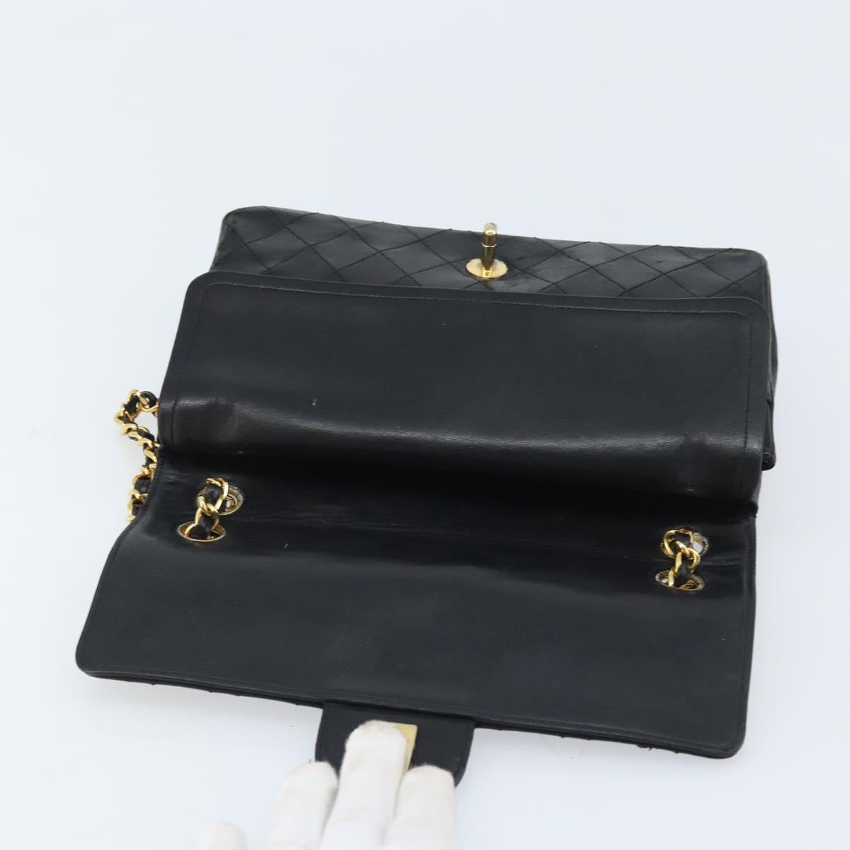 CHANEL Matelasse 25 Double Flap Chain Bag Lamb Skin Gold Black CC Auth bs34164