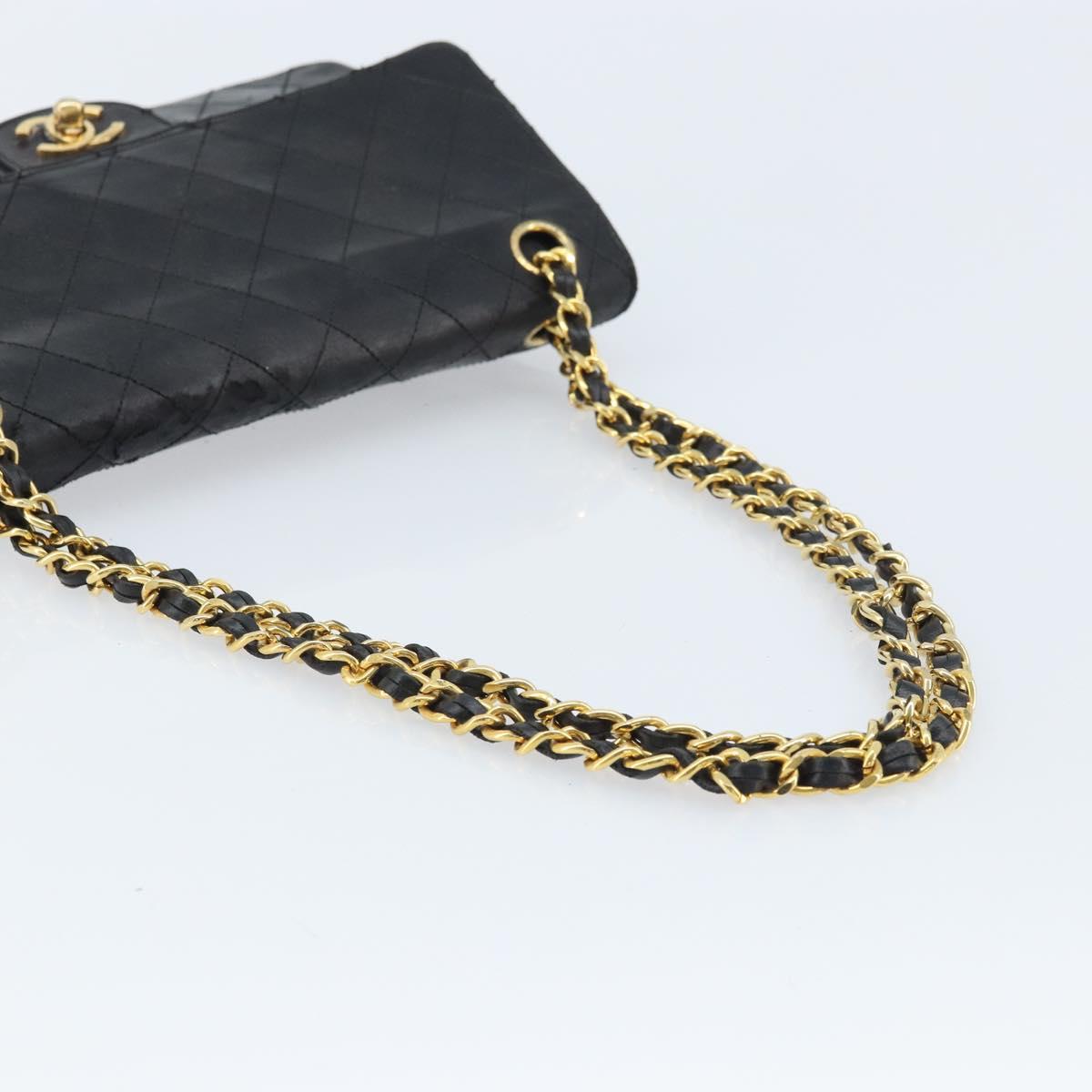 CHANEL Matelasse 25 Double Flap Chain Bag Lamb Skin Gold Black CC Auth bs34164
