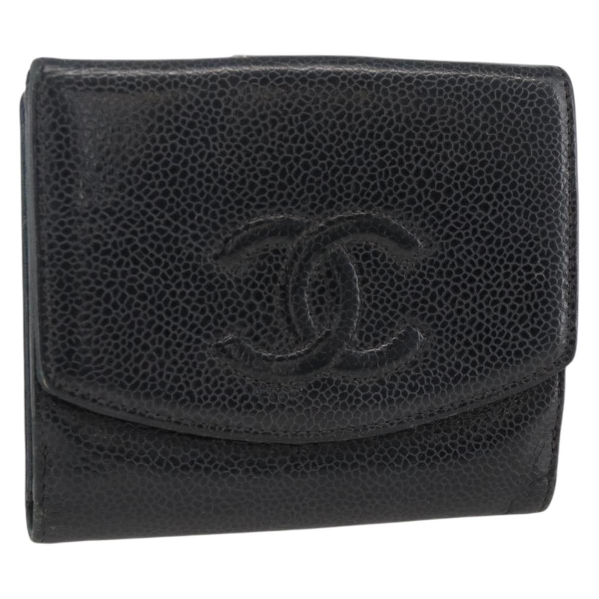 CHANEL Bifold Wallet Caviar Skin Black Gold CC Auth bs34177
