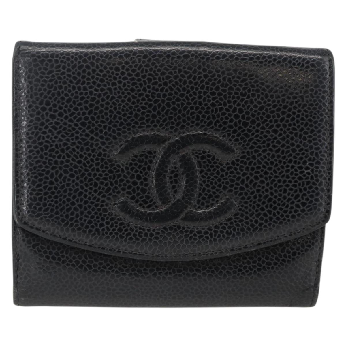 CHANEL Bifold Wallet Caviar Skin Black Gold CC Auth bs34177