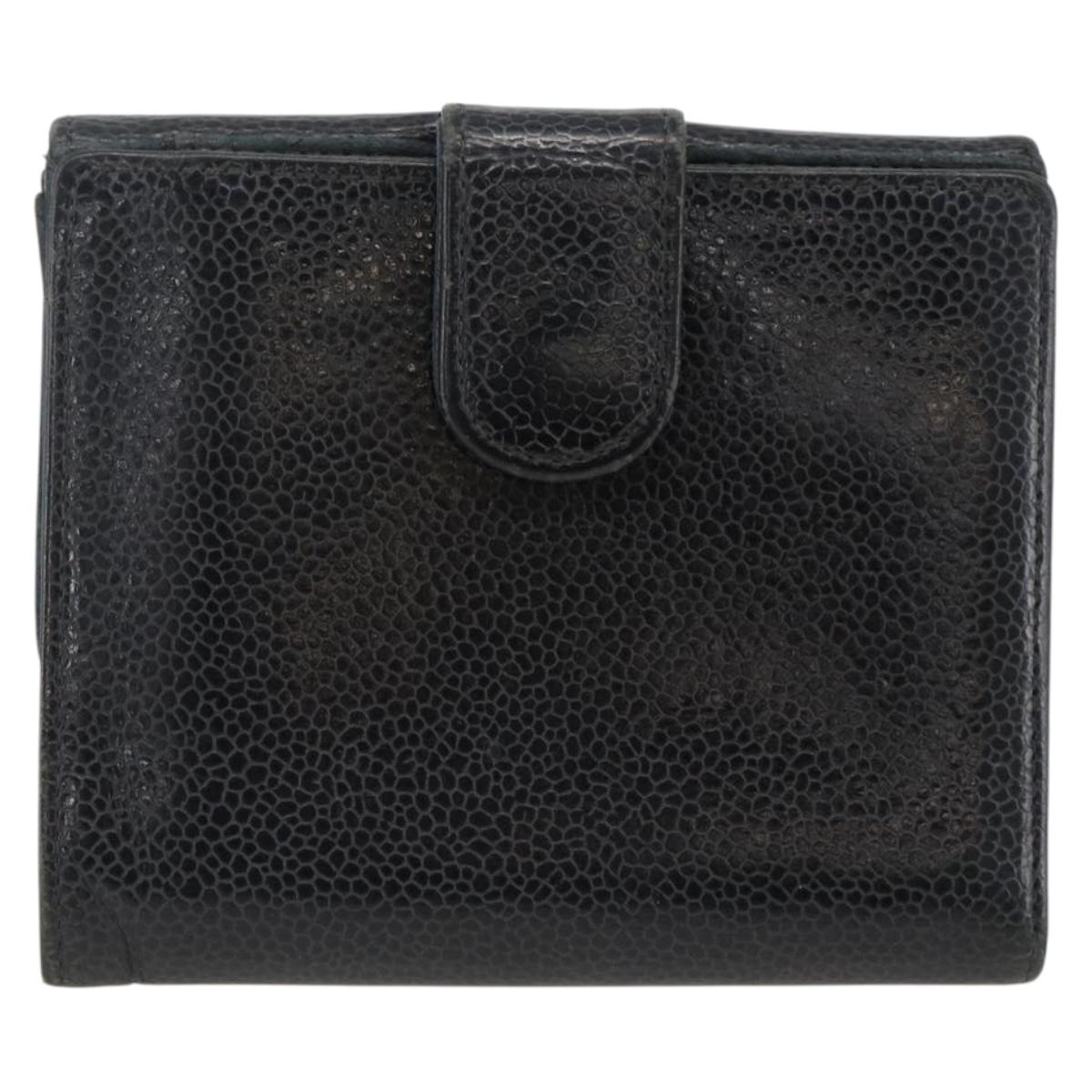 CHANEL Bifold Wallet Caviar Skin Black Gold CC Auth bs34177