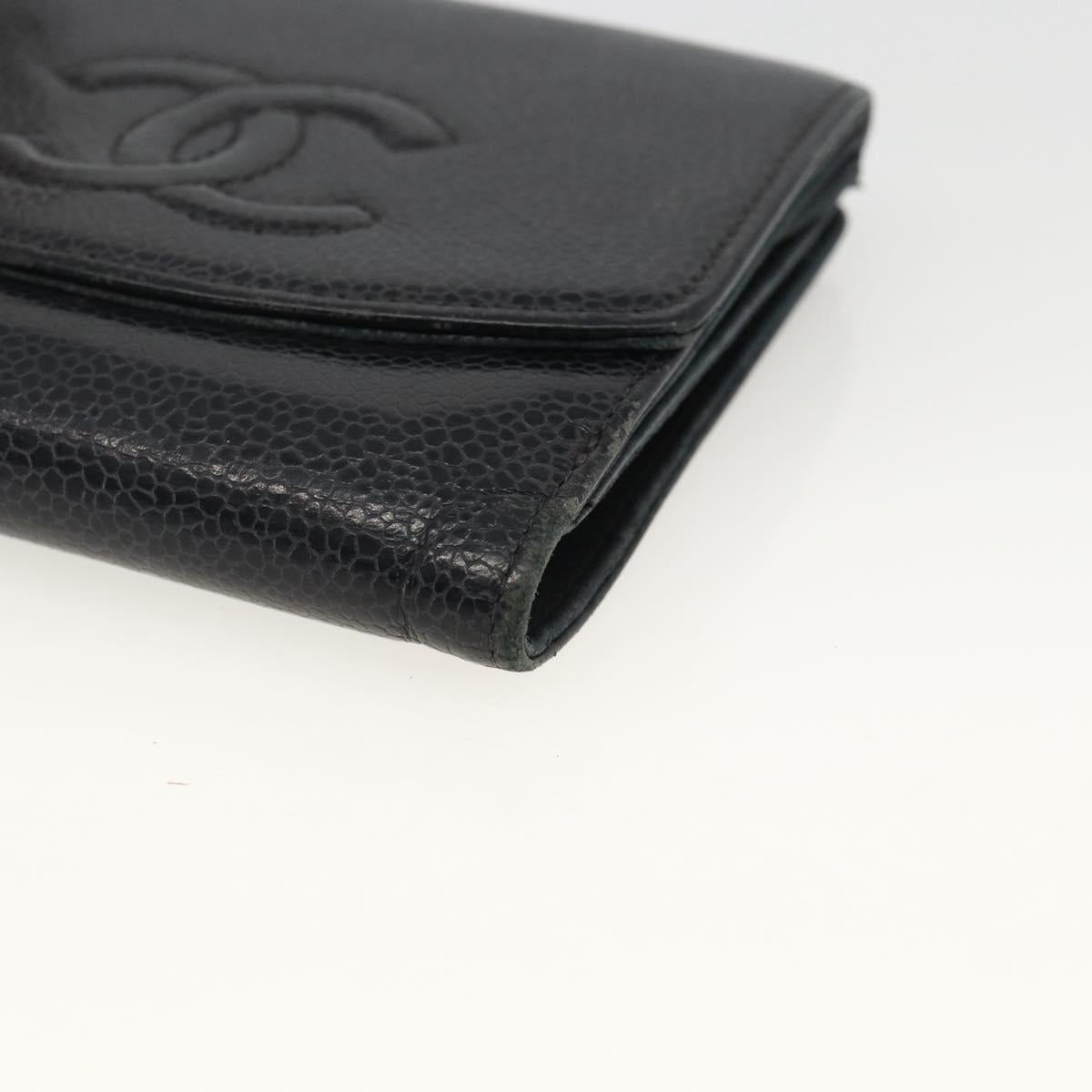 CHANEL Bifold Wallet Caviar Skin Black Gold CC Auth bs34177