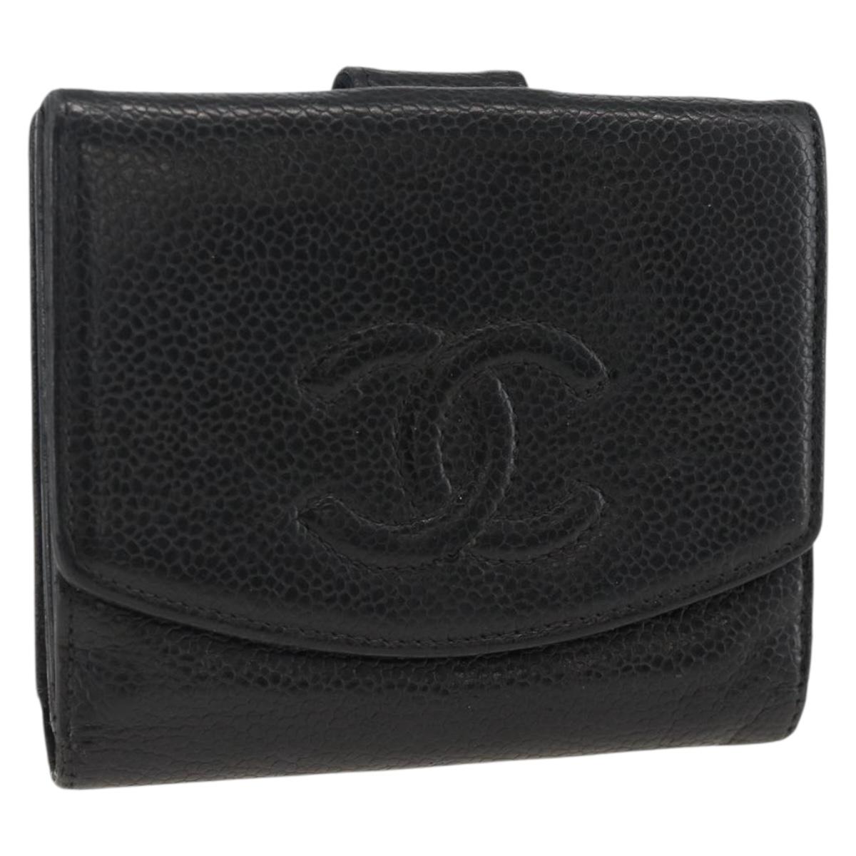 CHANEL Bifold Wallet Caviar Skin Black Gold CC Auth bs34185