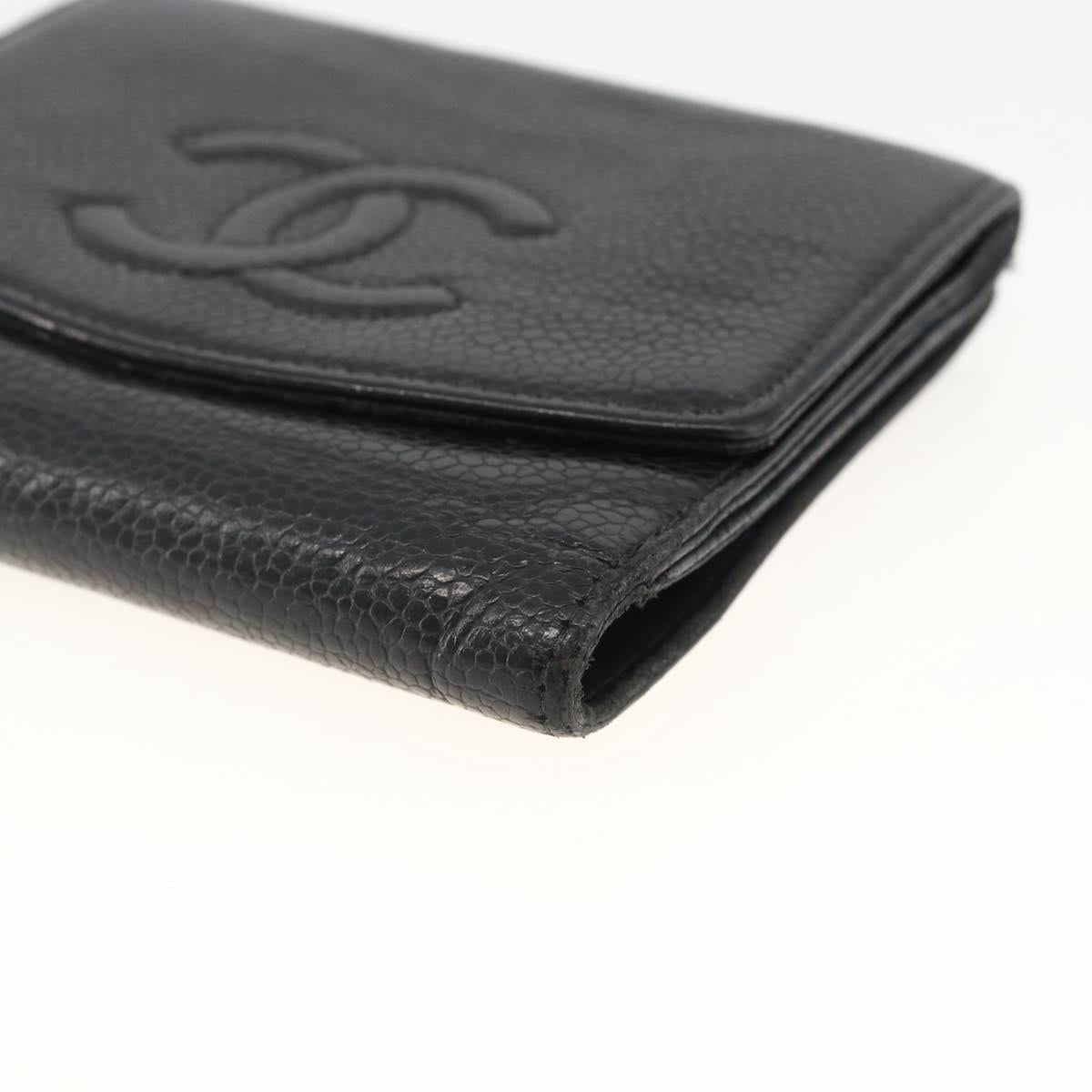 CHANEL Bifold Wallet Caviar Skin Black Gold CC Auth bs34185