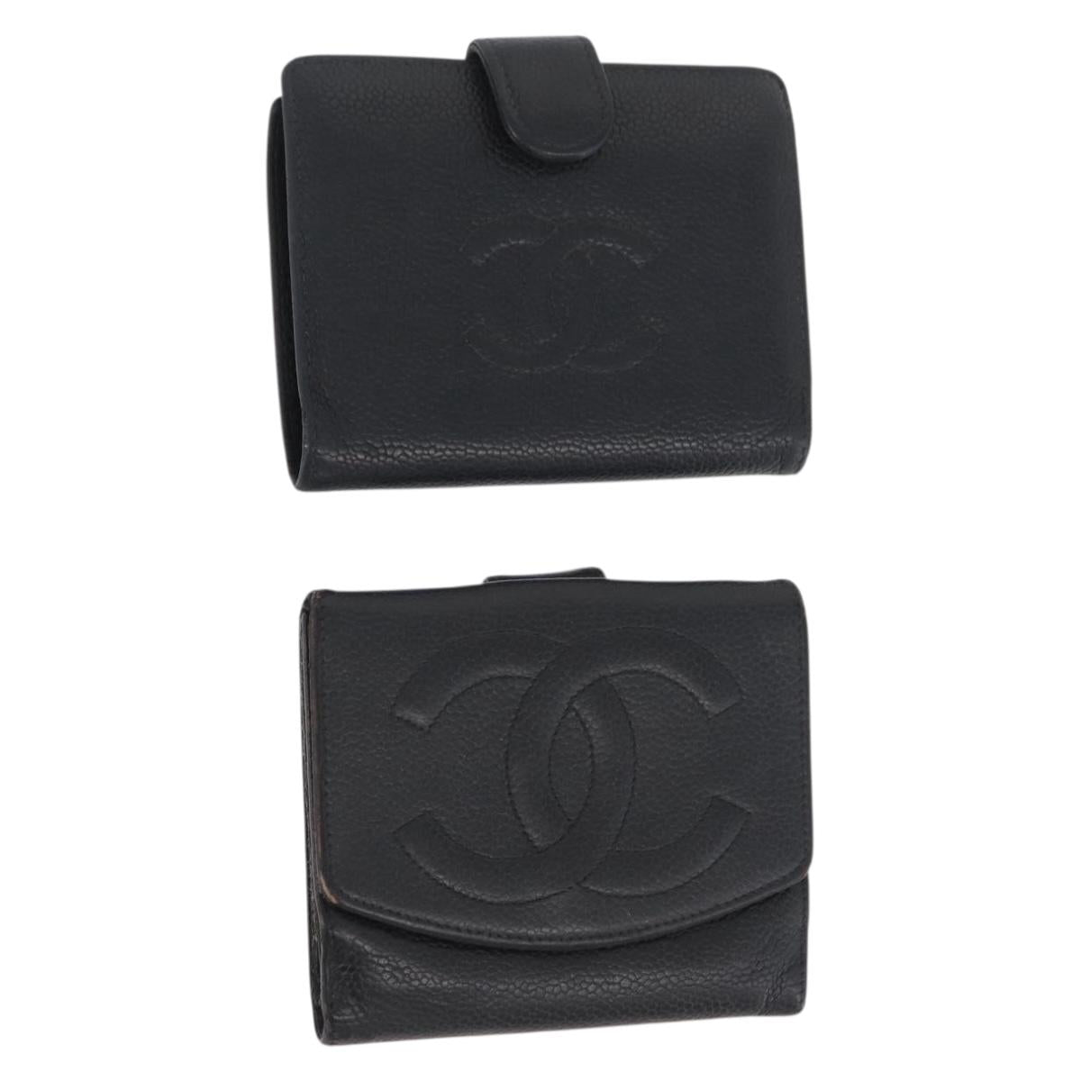 CHANEL Wallet Caviar Skin 2 Set Black CC Auth bs34186