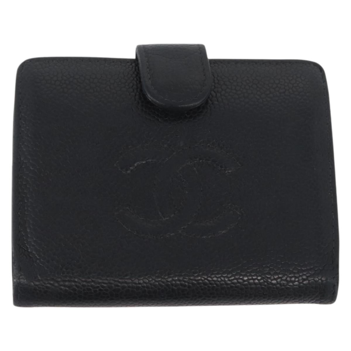 CHANEL Wallet Caviar Skin 2 Set Black CC Auth bs34186