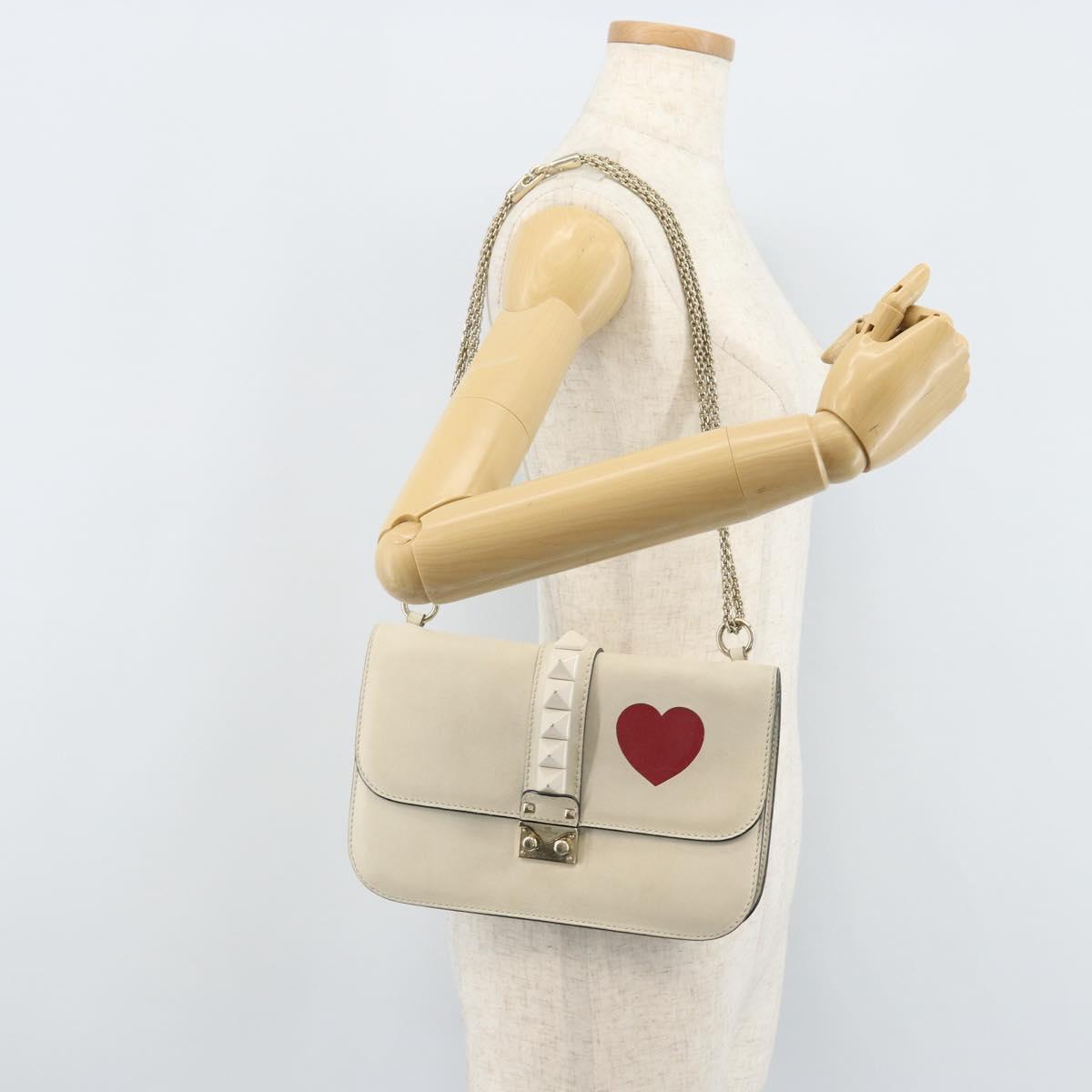 VALENTINO Chain Shoulder Bag Leather White Gold Auth bs34199