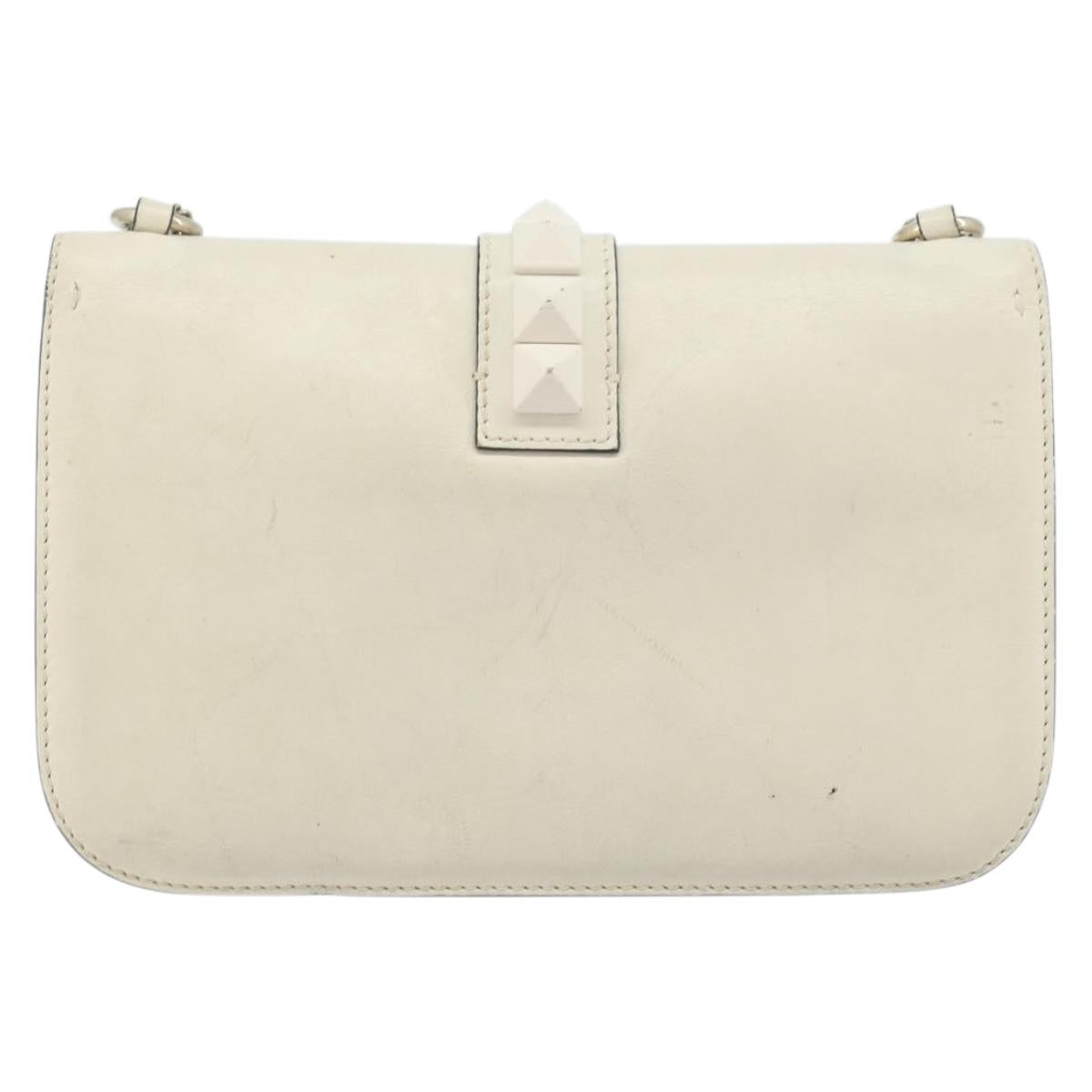 VALENTINO Chain Shoulder Bag Leather White Gold Auth bs34199