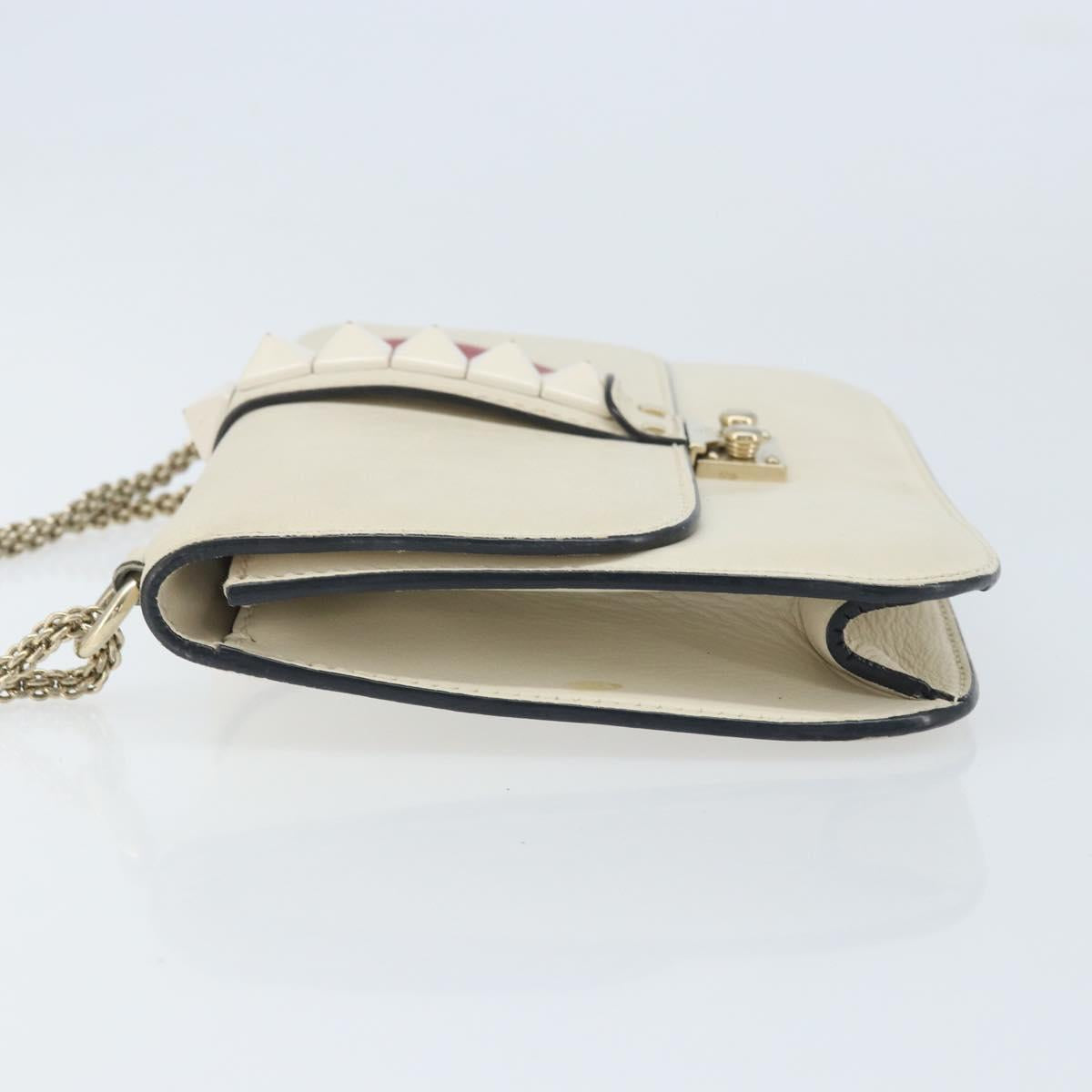 VALENTINO Chain Shoulder Bag Leather White Gold Auth bs34199