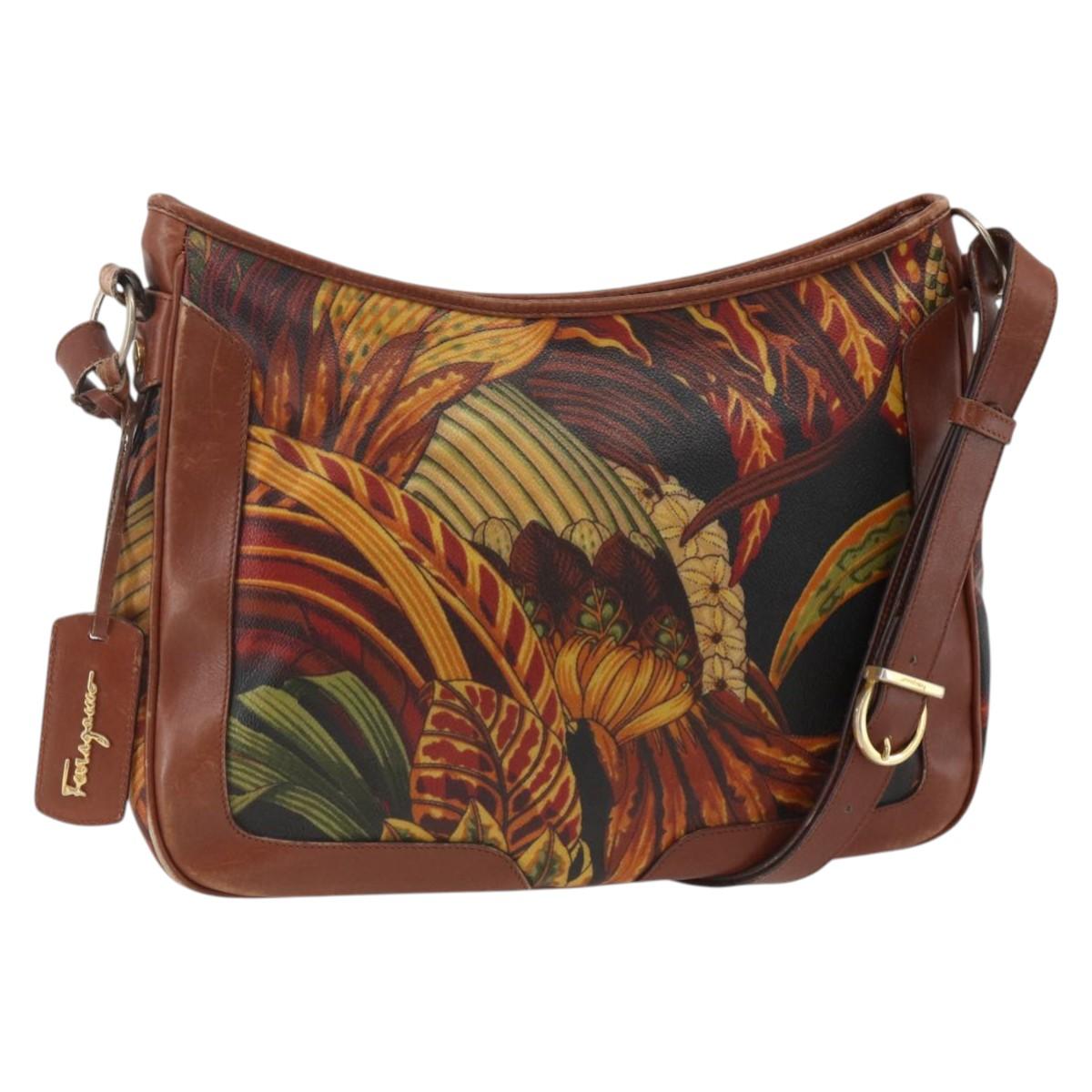 Salvatore Ferragamo Shoulder Bag PVC Leather Brown Gold Auth bs34213