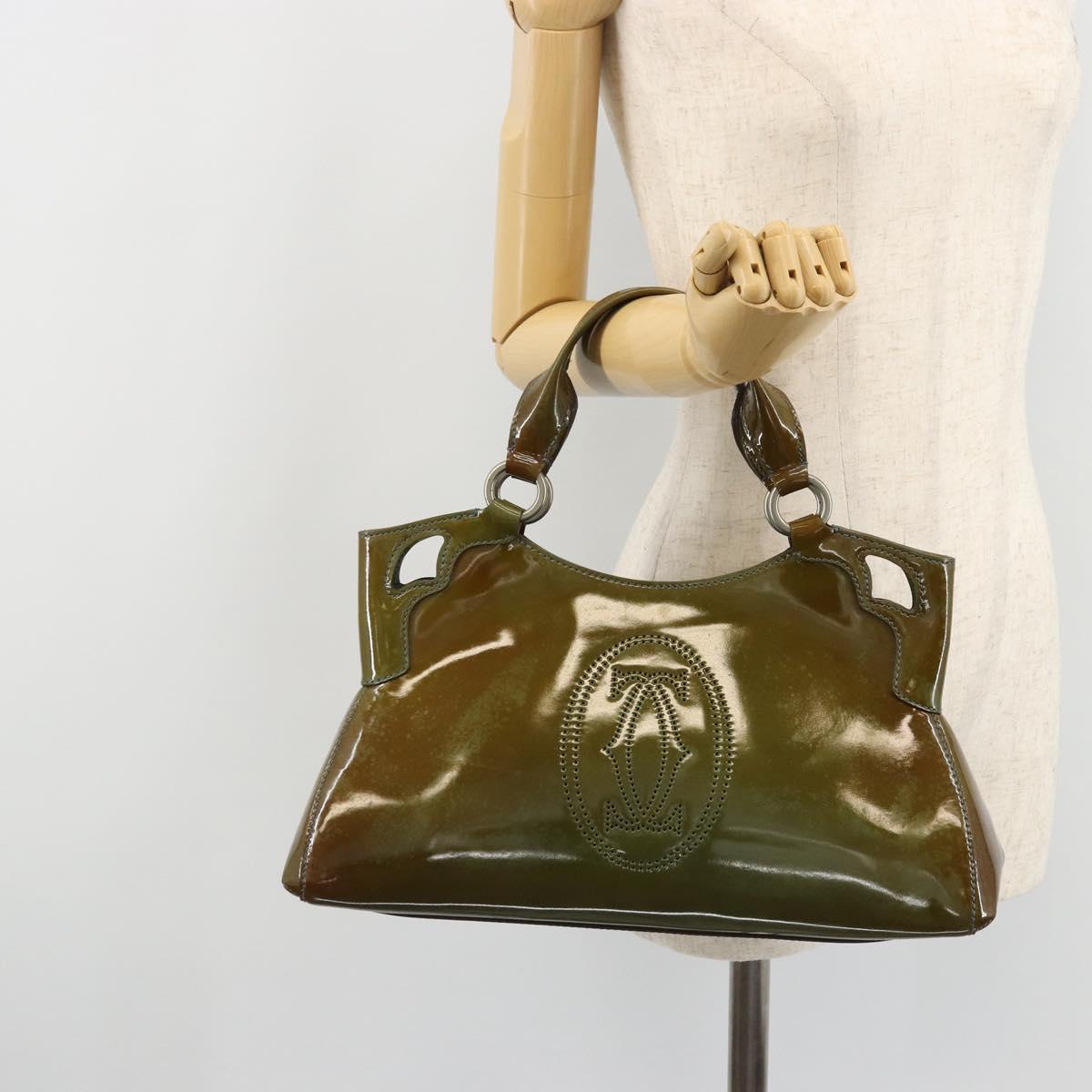 CARTIER Marcello Hand Bag Patent leather Green Silver Auth bs34215