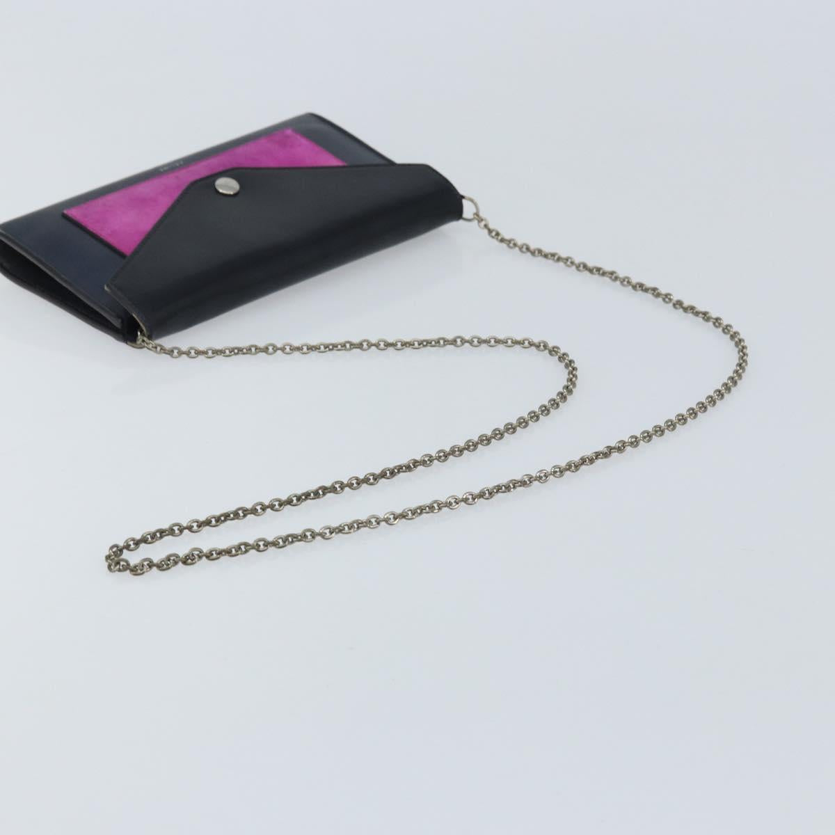 CELINE Chain Shoulder Bag Leather Navy Silver Auth bs34226