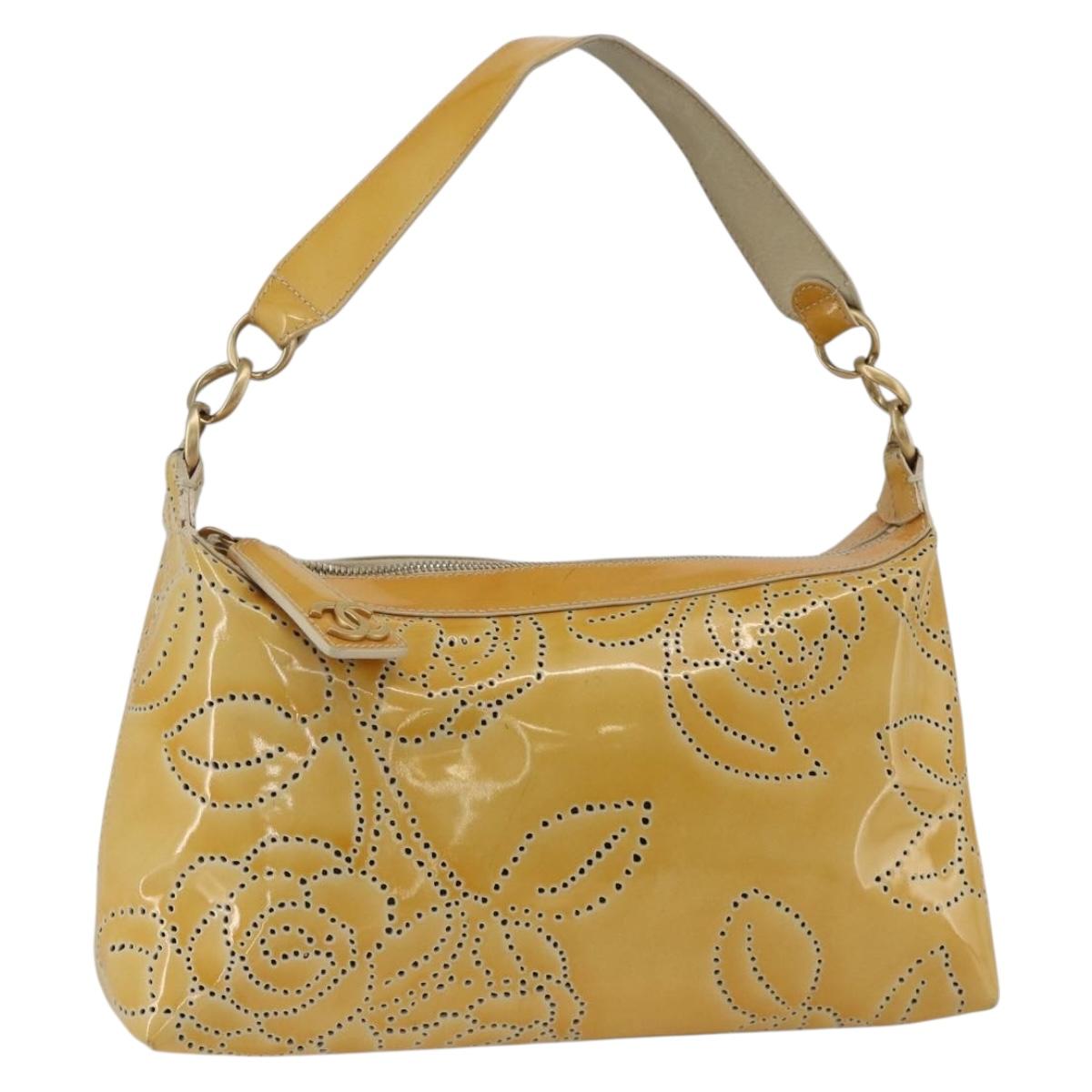 CHANEL Shoulder Bag Patent Leather Yellow Gold CC Auth bs34234