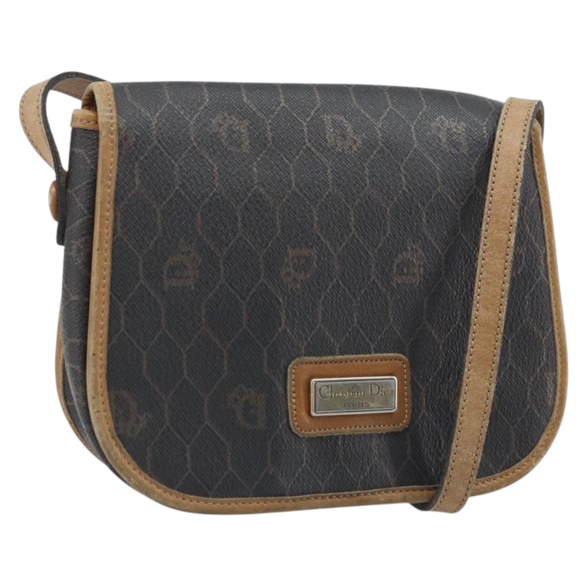 Christian Dior Honeycomb Canvas Shoulder Bag PVC Black Gold Auth bs34235