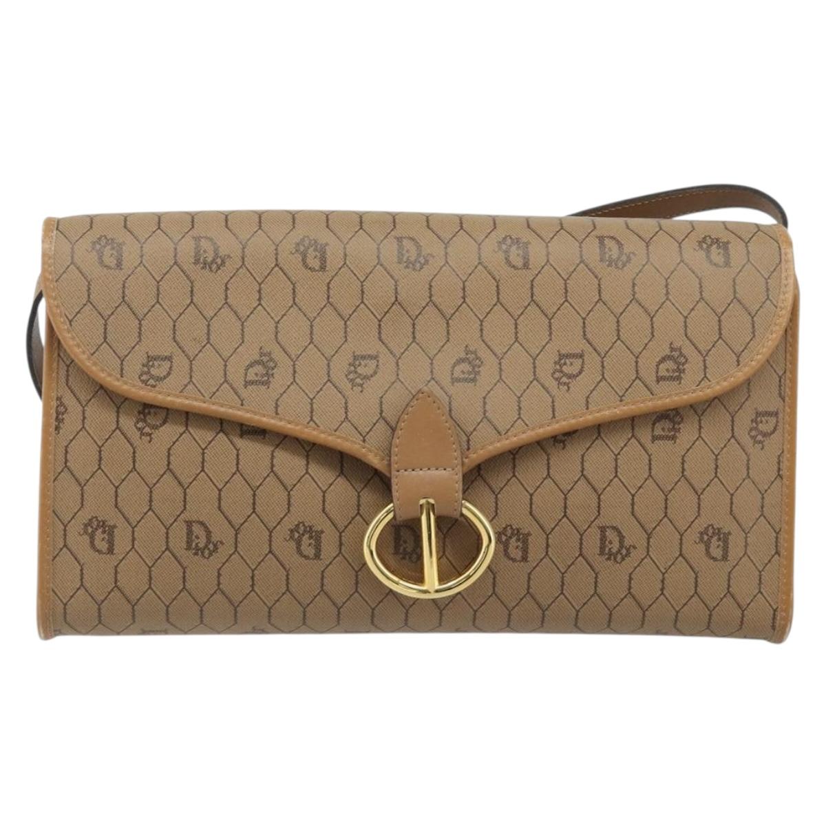 Christian Dior Honeycomb Canvas Shoulder Bag PVC Brown Gold Auth bs34236