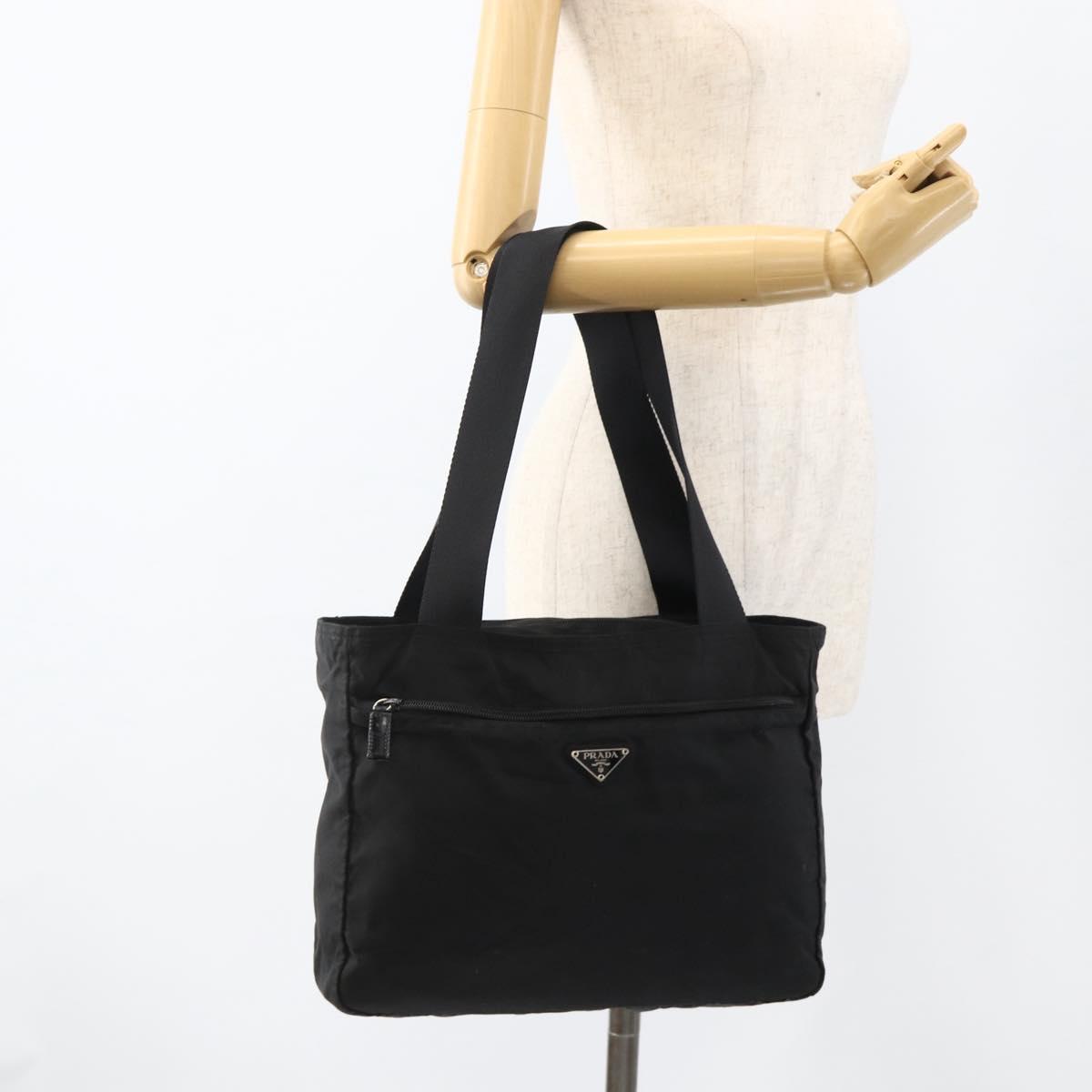 PRADA Tote Bag Nylon Black Silver Auth bs34250