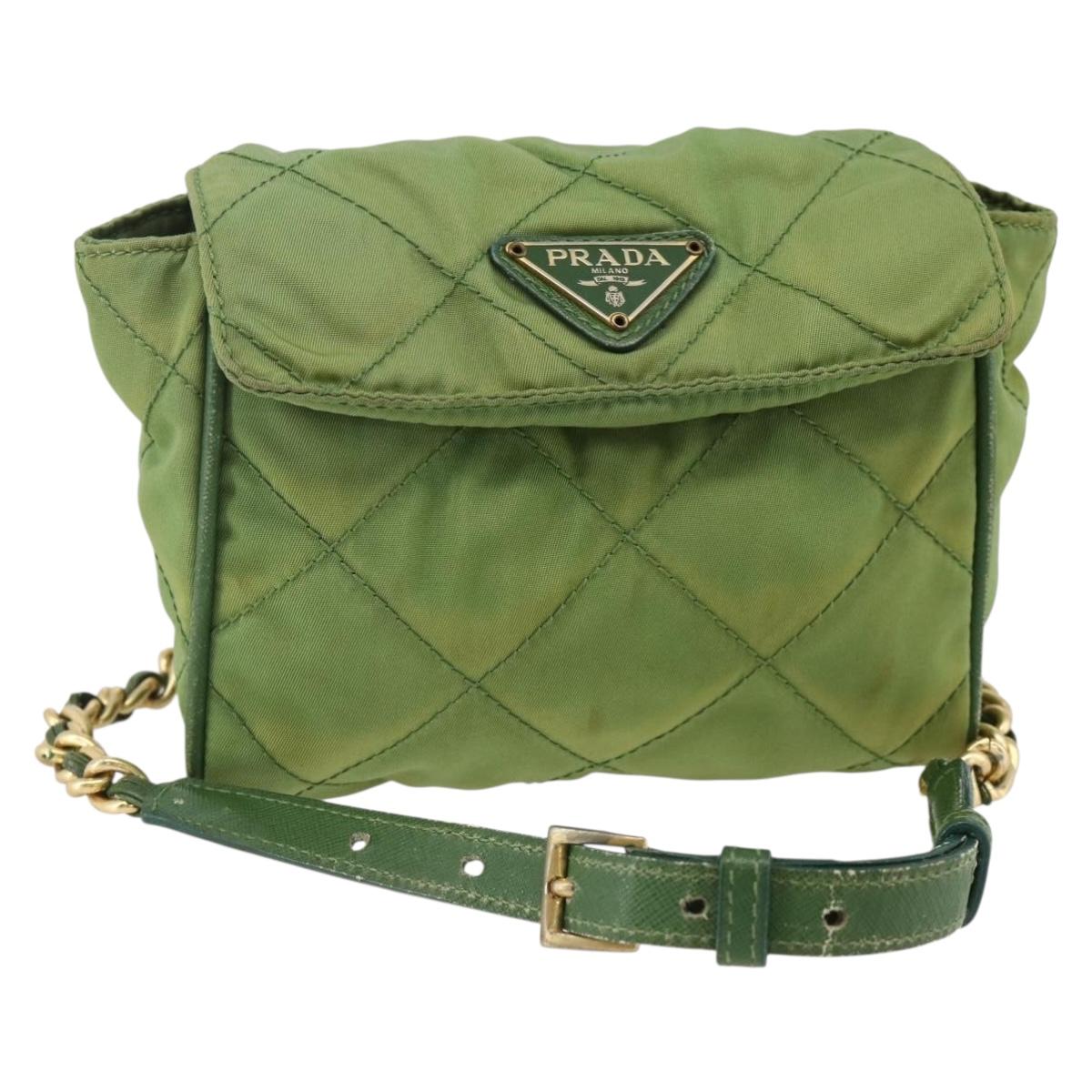 PRADA Chain Shoulder Bag Nylon Green Gold Auth bs34264