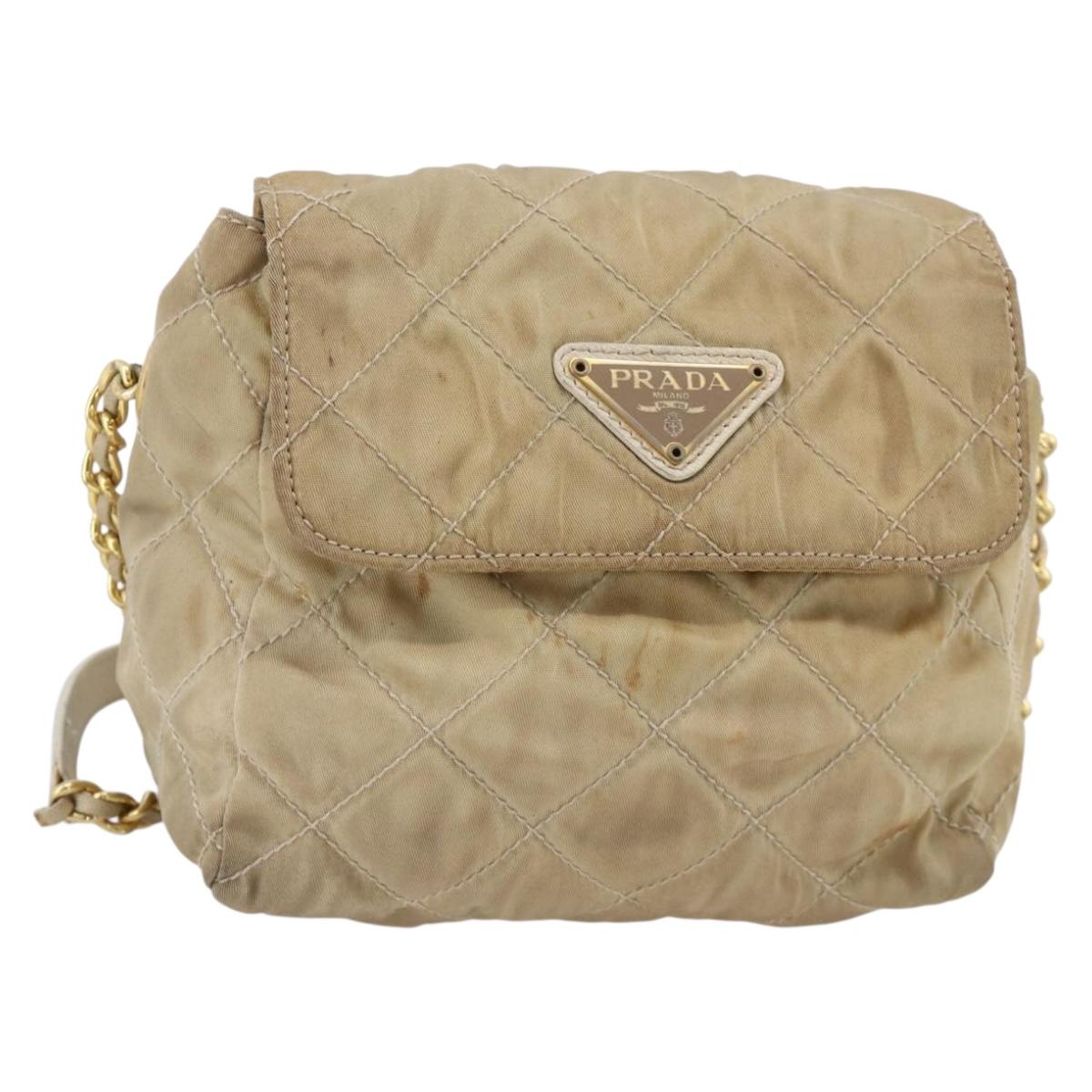 PRADA Chain Shoulder Bag Nylon Beige Gold Auth bs34265