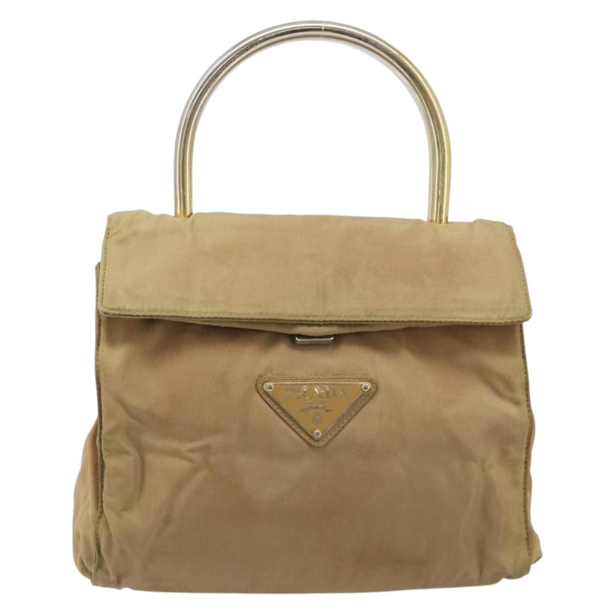 PRADA Hand Bag Nylon Beige Gold Auth bs34269
