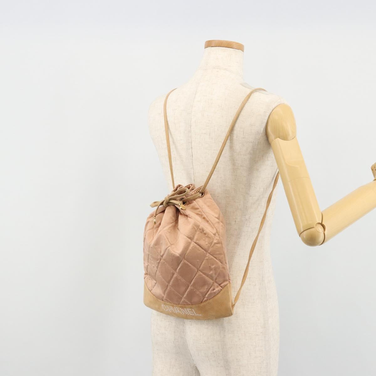 CHANEL Matelasse Purse Backpack Satin Pink Gold CC Auth bs34274