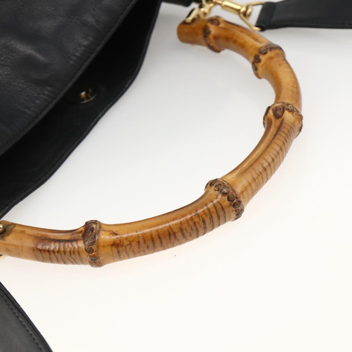 GUCCI Bamboo Hand Bag Leather 2way Black Gold Auth bs34287