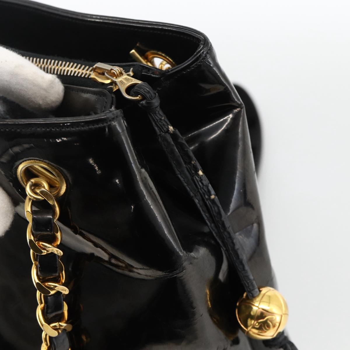 CHANEL Chain Tote Bag Patent Leather Black Gold CC Auth bs34313