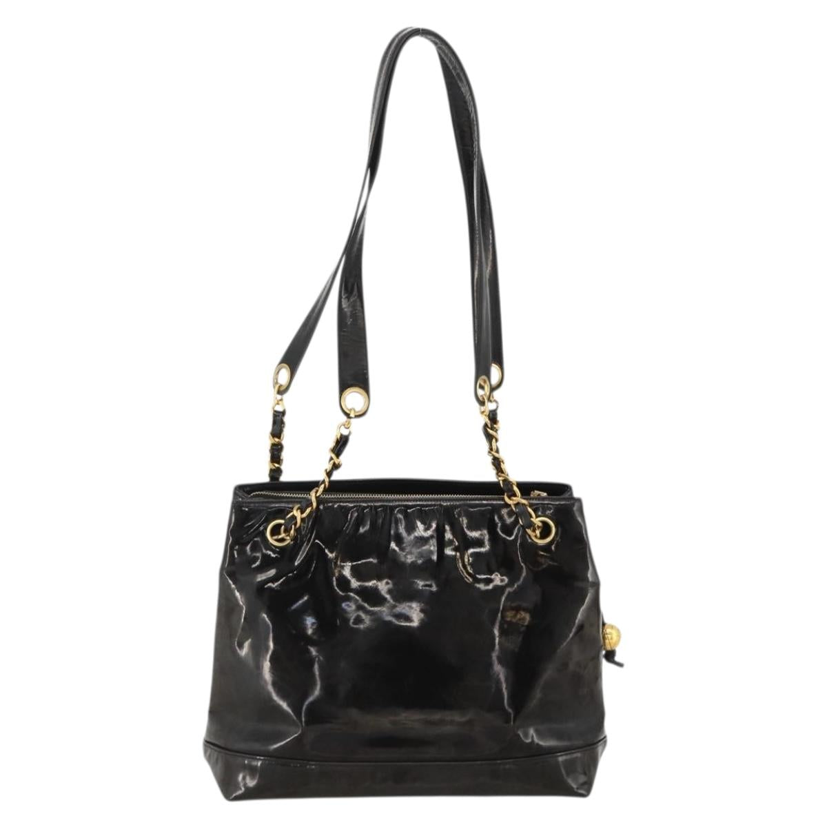 CHANEL Chain Tote Bag Patent Leather Black Gold CC Auth bs34313