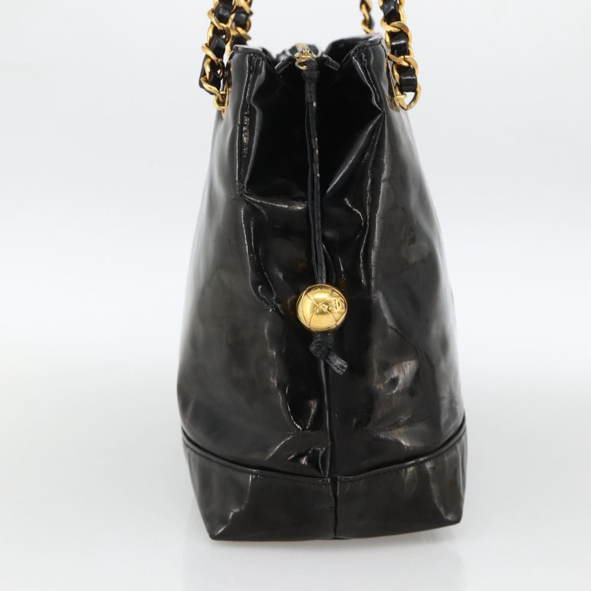 CHANEL Chain Tote Bag Patent Leather Black Gold CC Auth bs34313