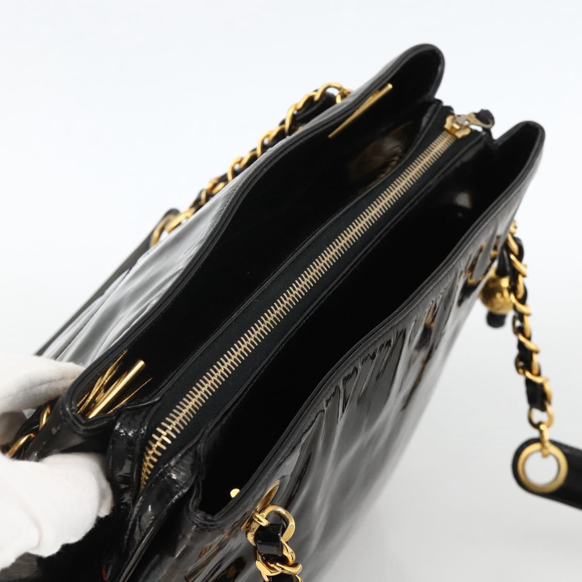 CHANEL Chain Tote Bag Patent Leather Black Gold CC Auth bs34313