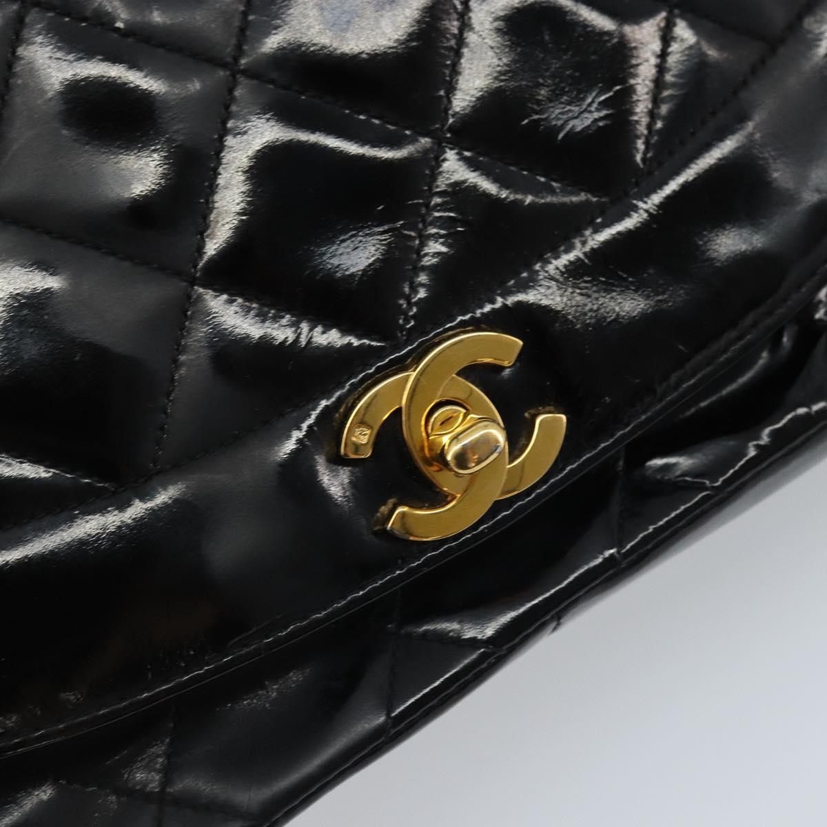CHANEL Diana 25 Matelasse Chain Bag Patent Leather Black Gold CC Auth bs34314