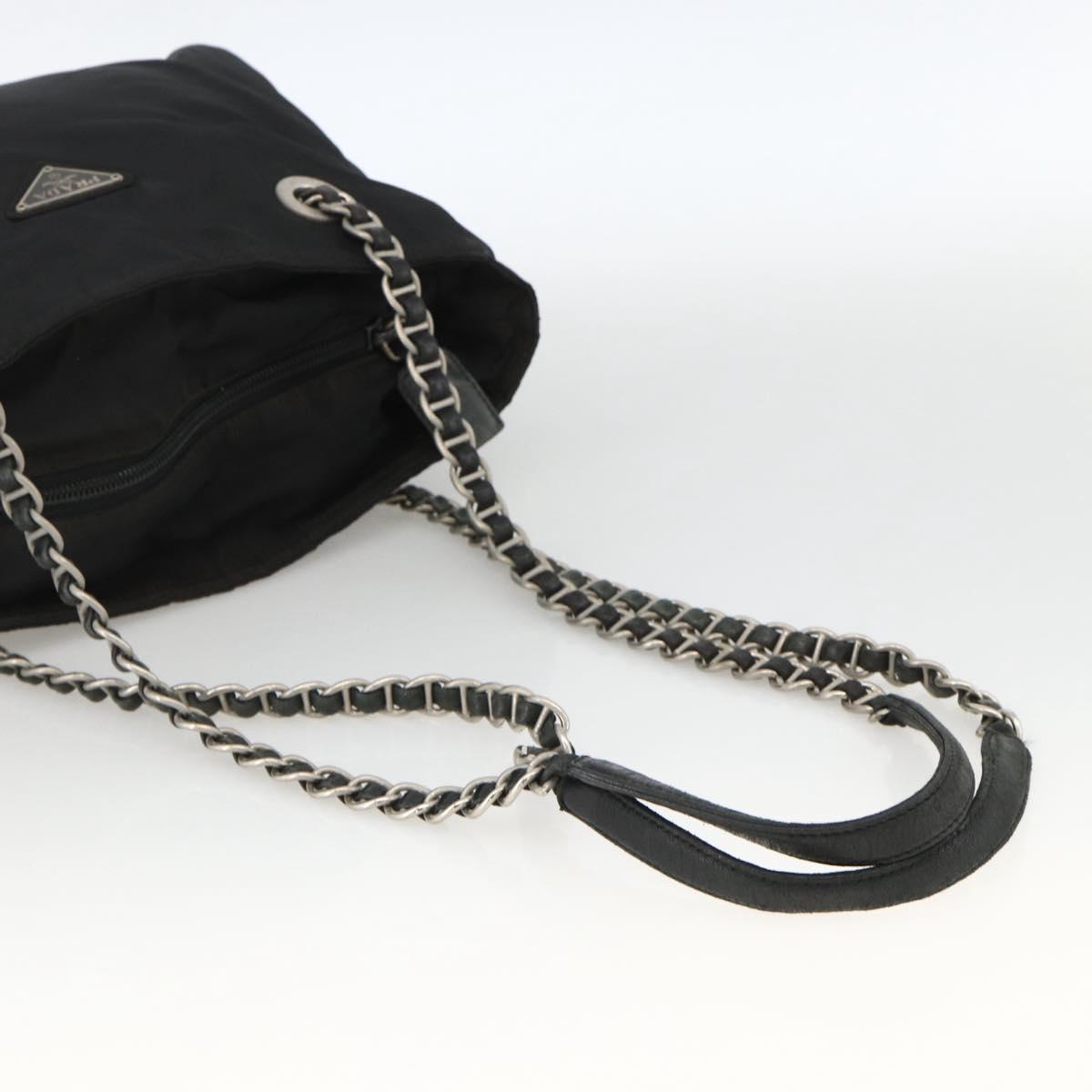 PRADA Chain Tote Bag Nylon Black Silver Auth bs34326