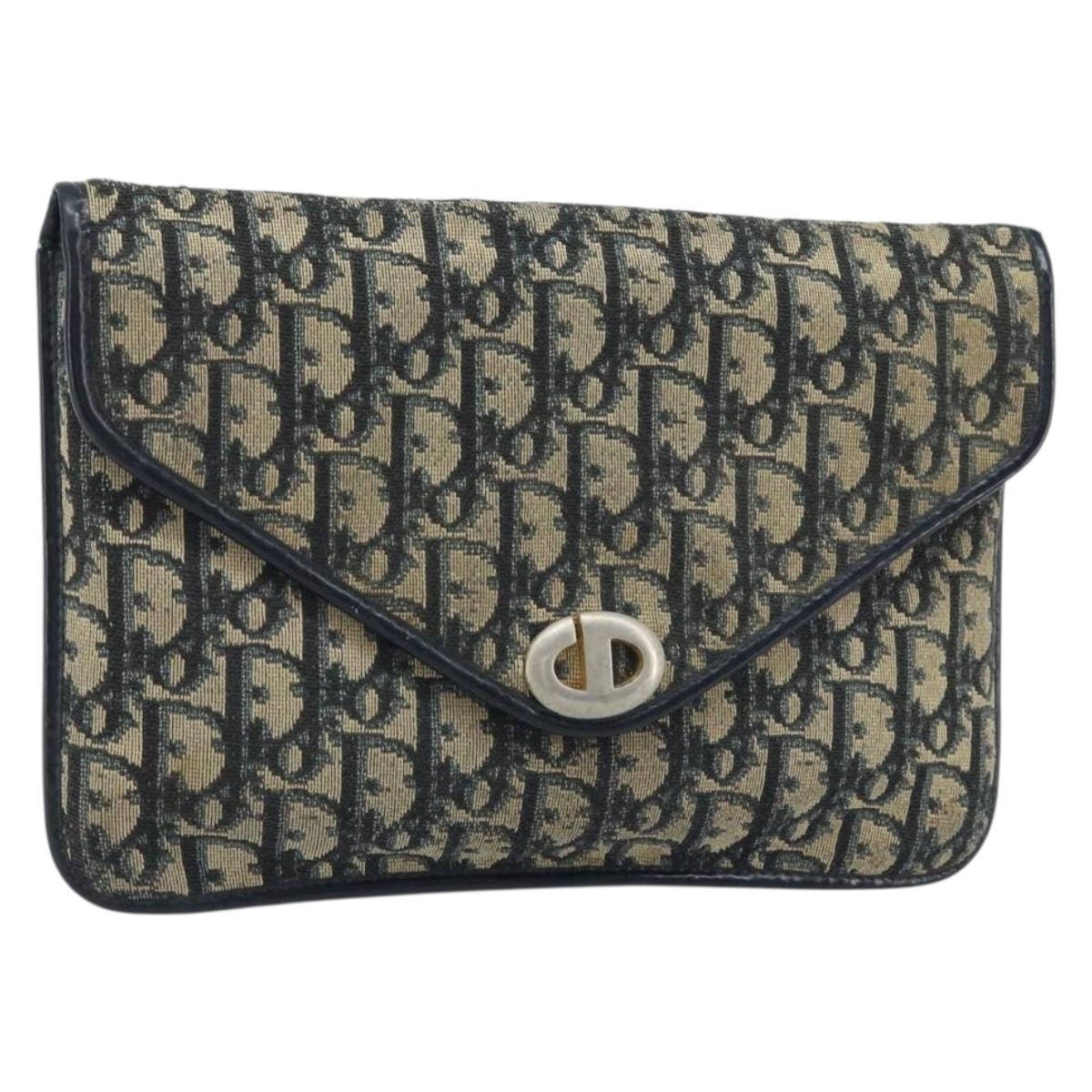 Christian Dior Trotter Canvas Clutch Bag Navy Gold Auth bs34340