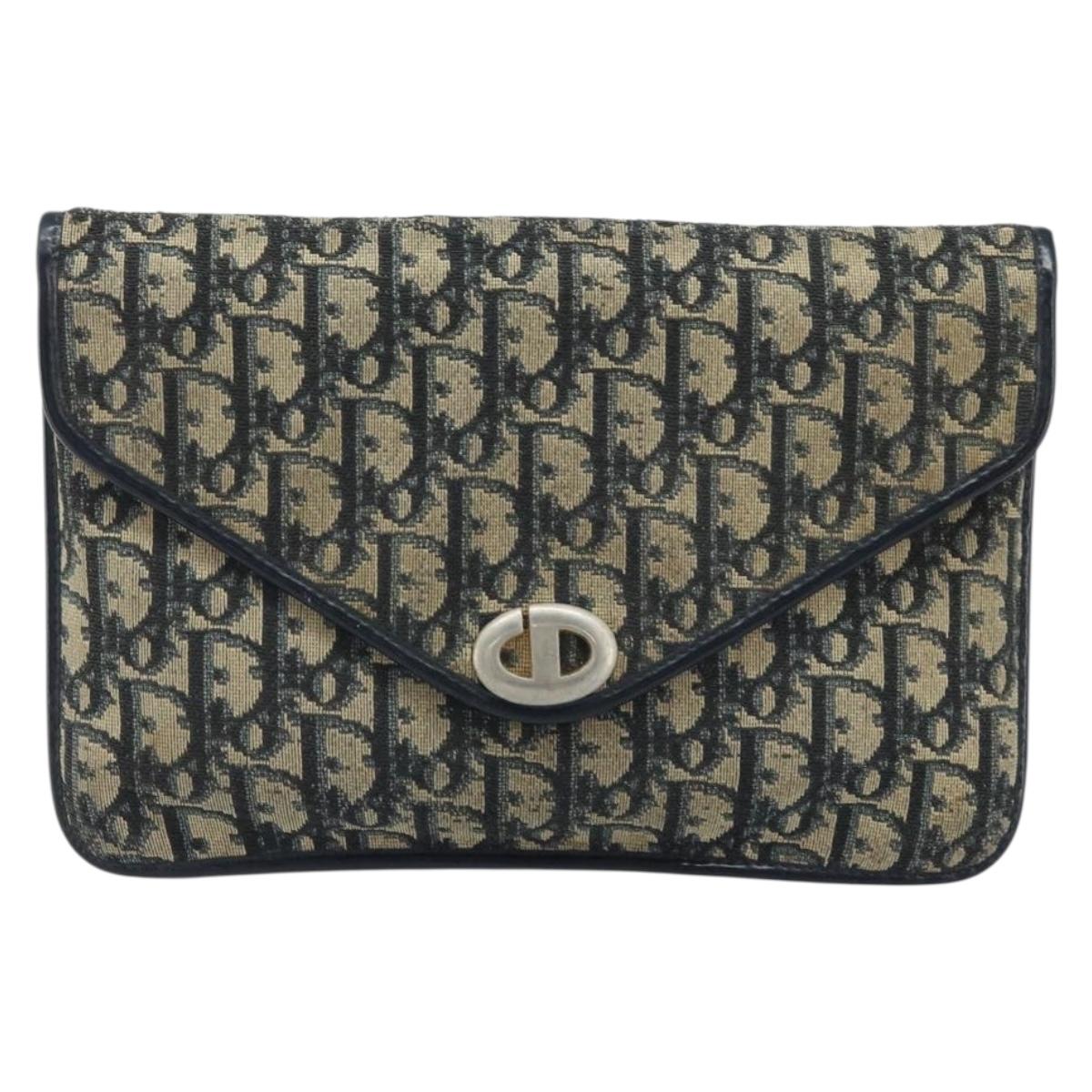 Christian Dior Trotter Canvas Clutch Bag Navy Gold Auth bs34340