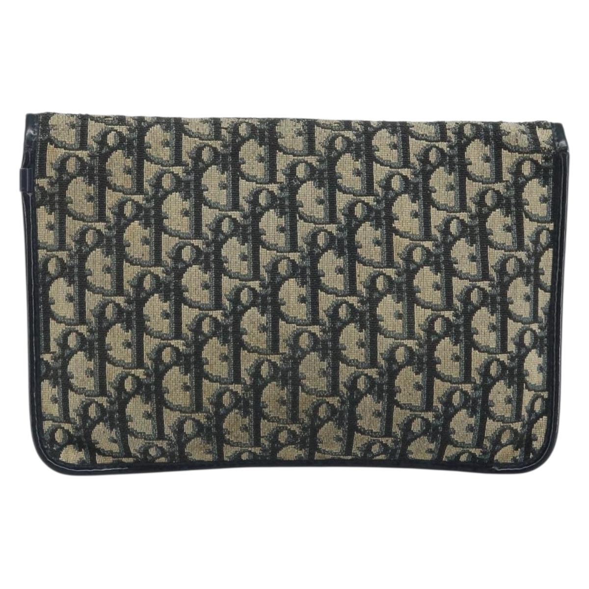 Christian Dior Trotter Canvas Clutch Bag Navy Gold Auth bs34340