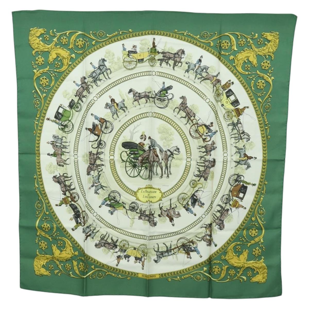 HERMES Carre 90 Scarf ""LA PROMENADE DE LONGCHAMPS"" Silk Green Auth bs34350