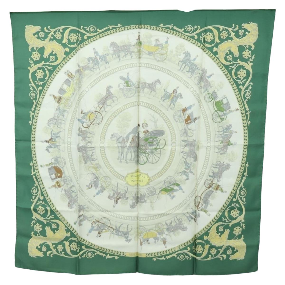 HERMES Carre 90 Scarf ""LA PROMENADE DE LONGCHAMPS"" Silk Green Auth bs34350