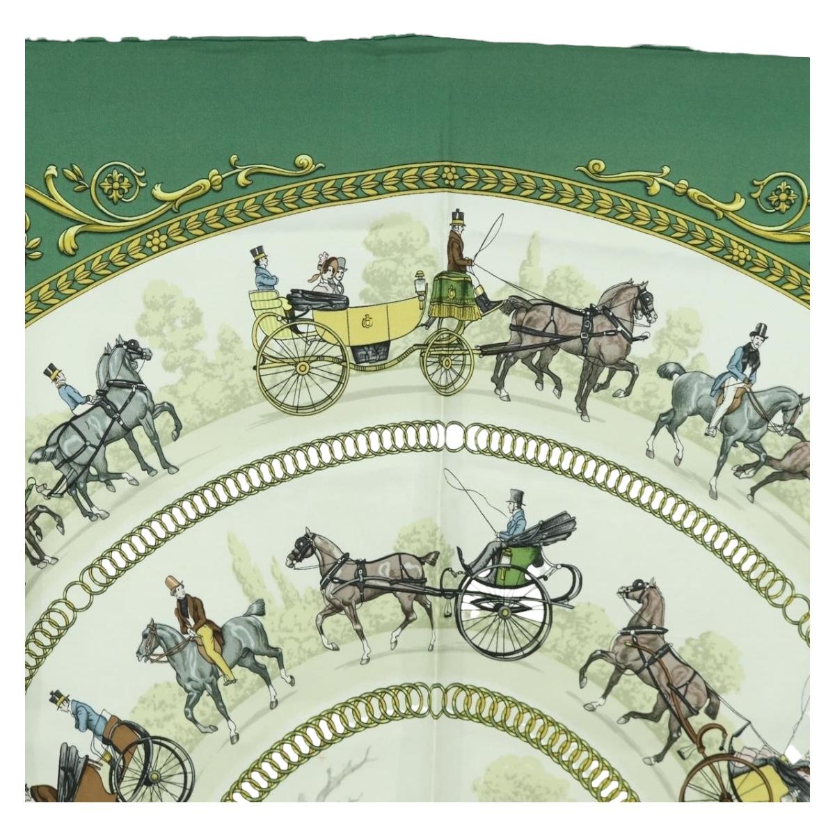 HERMES Carre 90 Scarf ""LA PROMENADE DE LONGCHAMPS"" Silk Green Auth bs34350