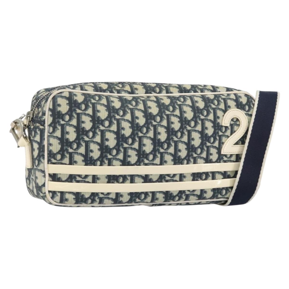 Christian Dior Trotter Canvas Shoulder Bag PVC Leather Navy Silver Auth bs34360