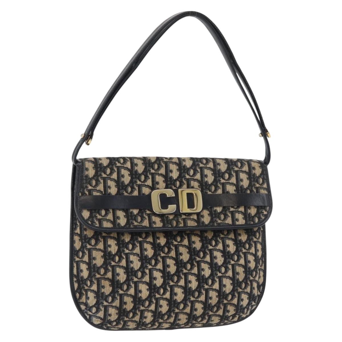 Christian Dior Trotter Canvas Shoulder Bag Navy Gold Auth bs34364